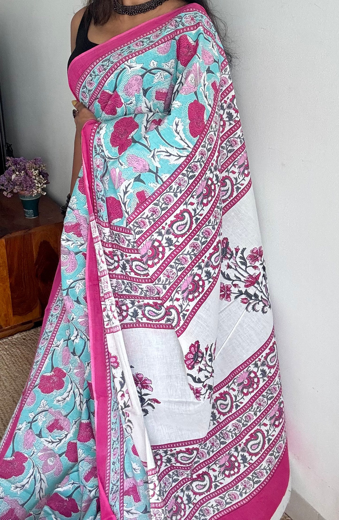 Turquoise floral soft cotton saree - YCTORCMA08