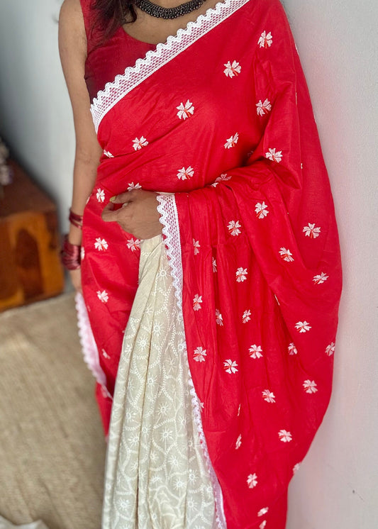 Red parijat with cream chikankari, half half saree - YCBCDP20