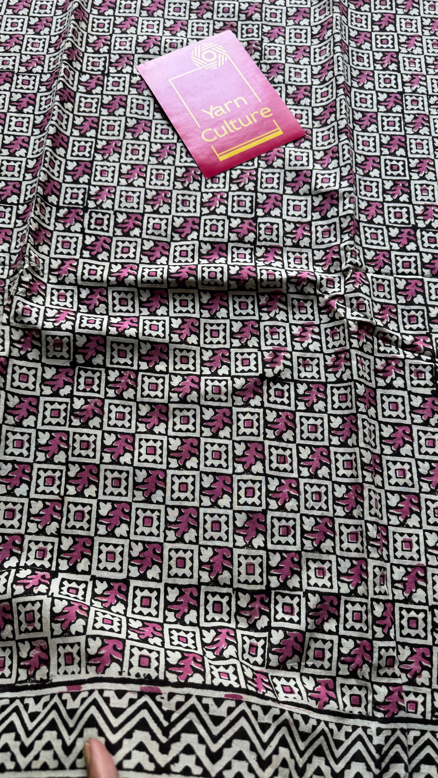 Beige with black and dusty pink checks, yellow border, block printed soft cotton saree - YCTORCMA13