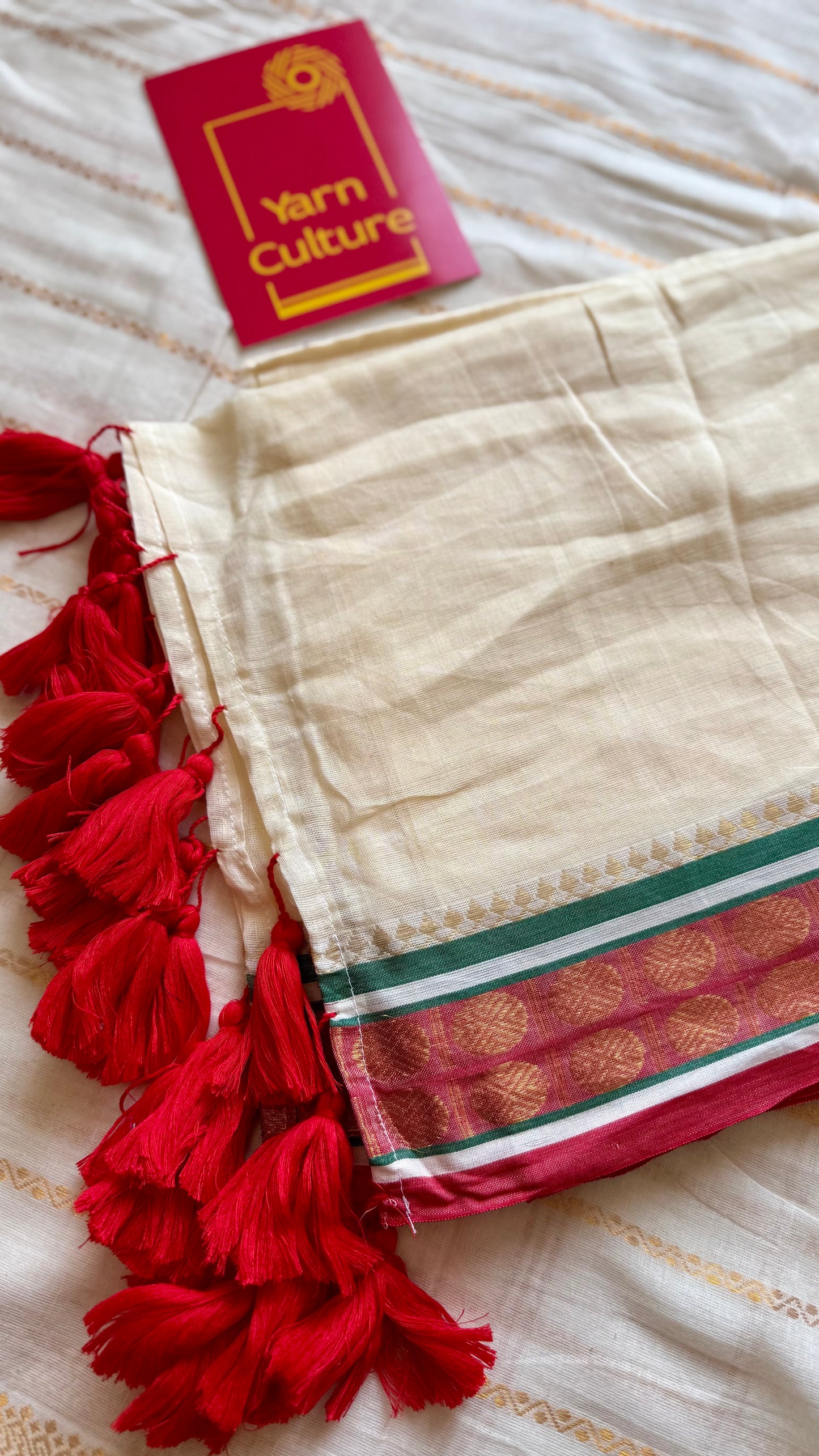Ivory mul saree, muted red and green kanchi border  - YCIEON24