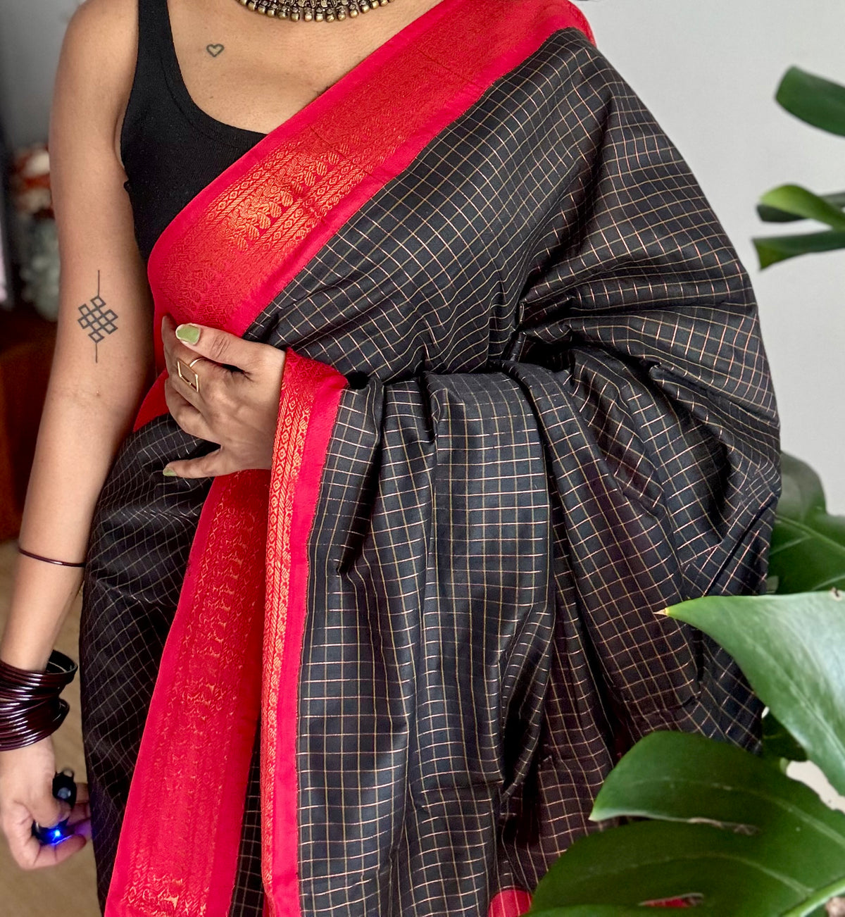 Black with red, zari checkered saree, cotton silk - YCCOTNKCOC104