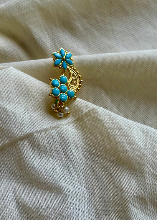 Gold plated, turquoise coloured stone, clip on Maharashtrian nath - YCGPNC203