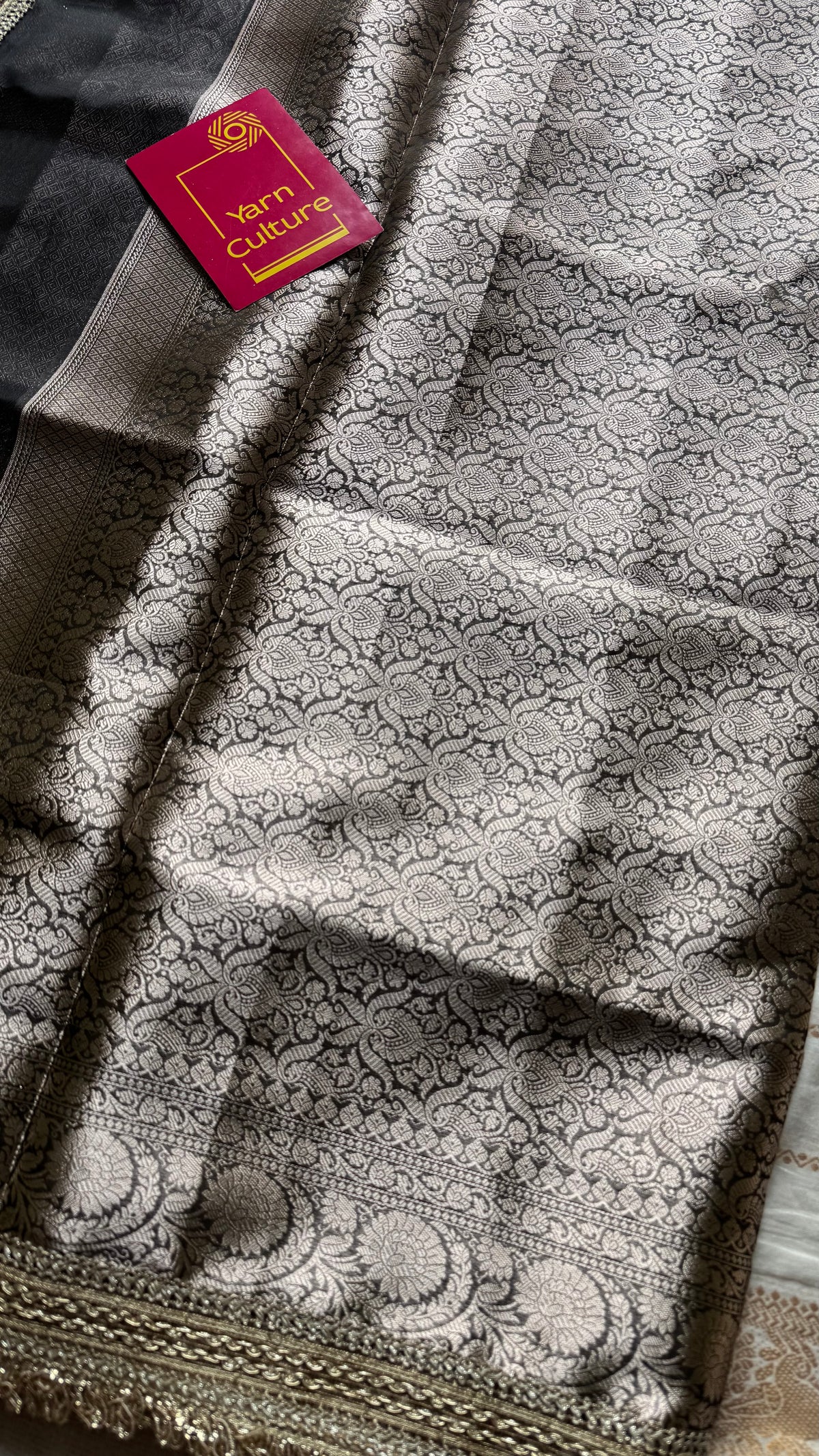 Black tissue Banarasi saree with embellished gold lace border - YCBLTOC81