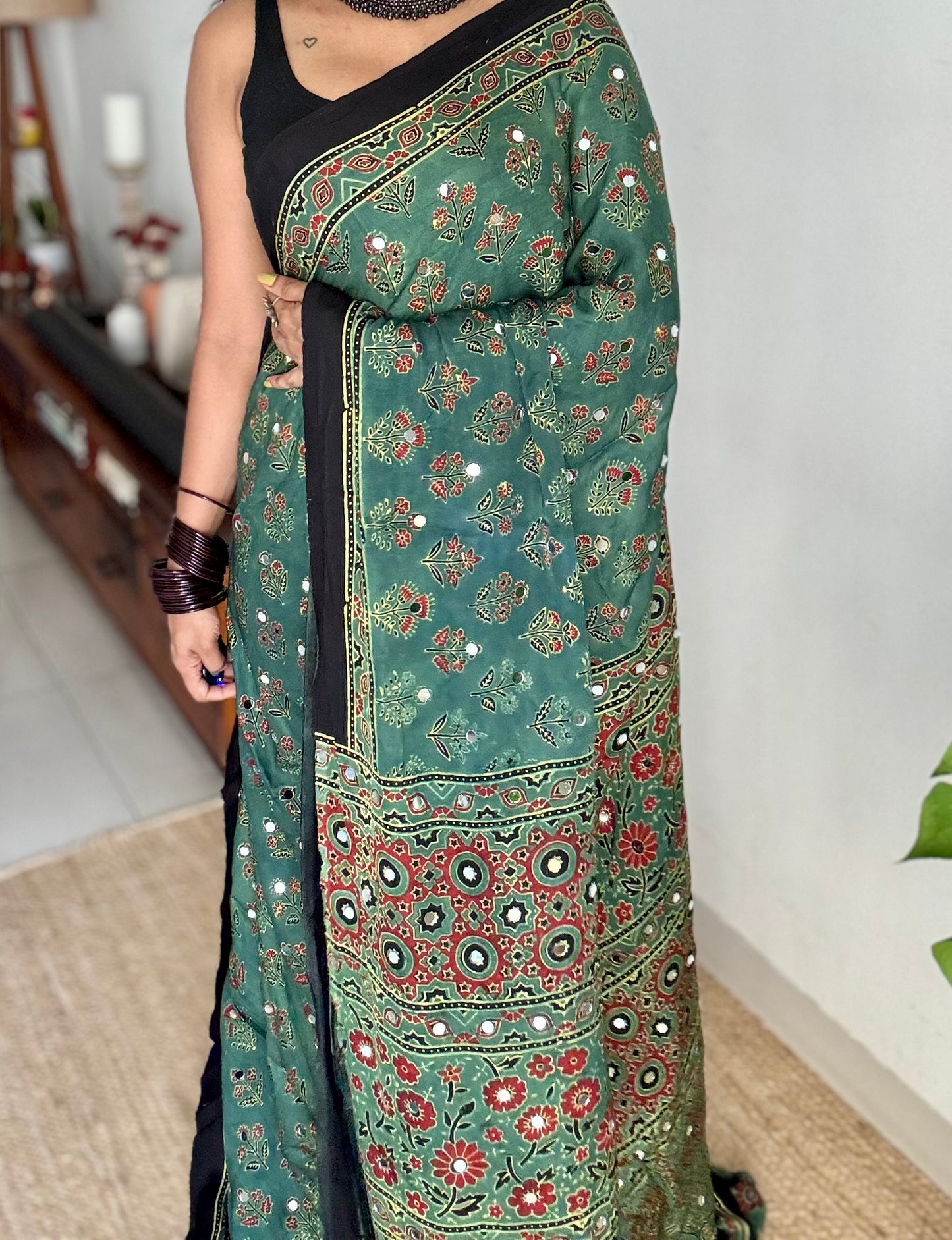 Jade green pure modal silk saree with ajrakh handblock print and mirror work - YCTOKAJM340