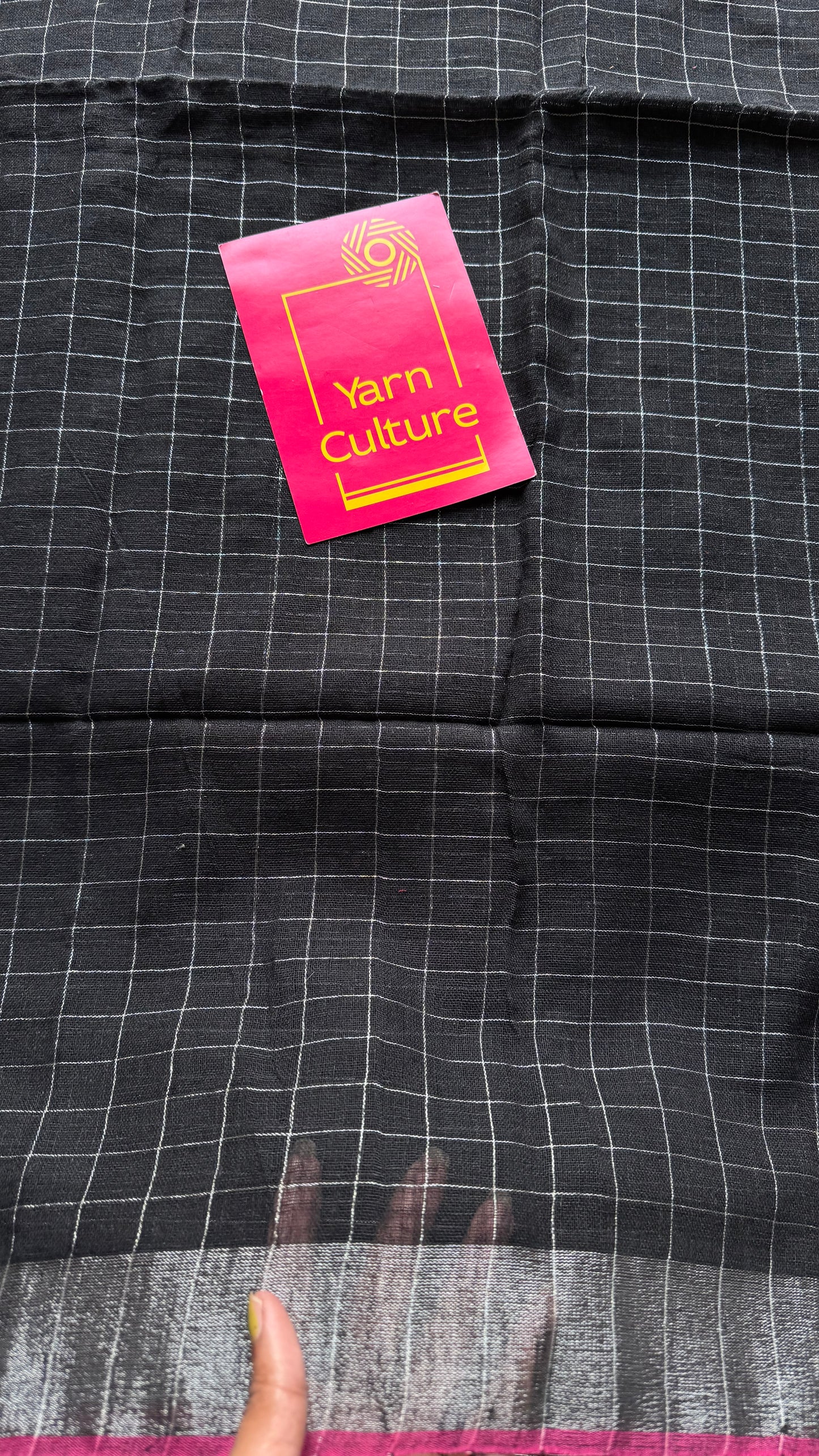 Black linen by cotton saree, silver checks & zari pallu - YCBCLCFE389