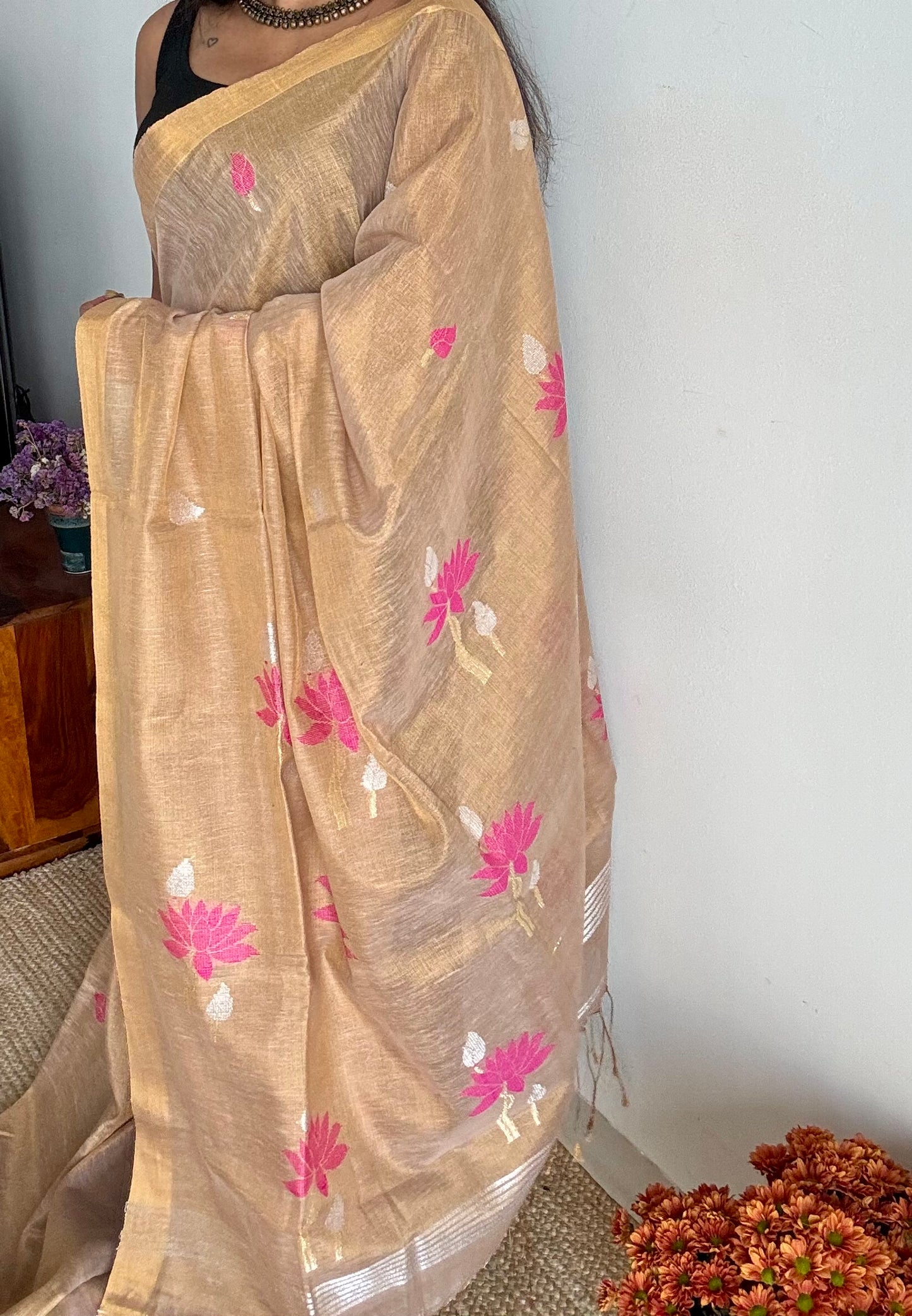 Handwoven ivory gold dual tone tissue linen saree with lotus motifs - YCBCLTFE400