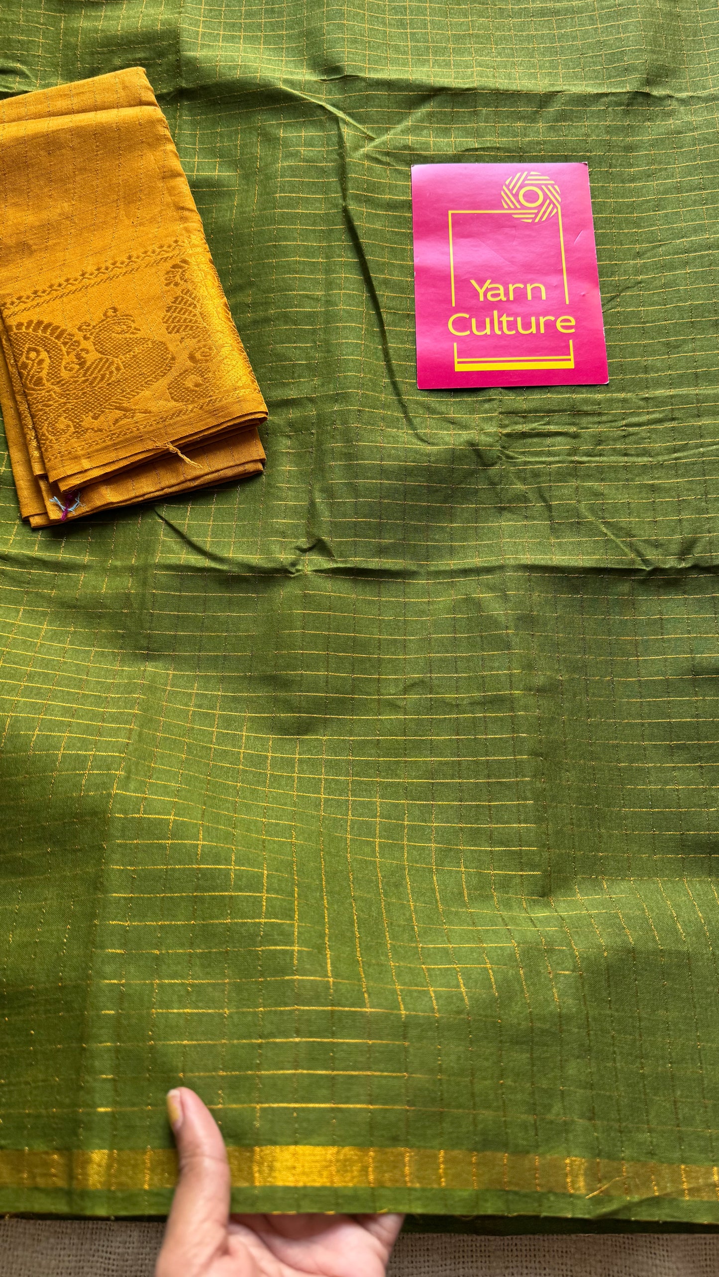 Olive green mini kattam kattuchayam dyed madurai cotton saree - YCCOTNMSFE105