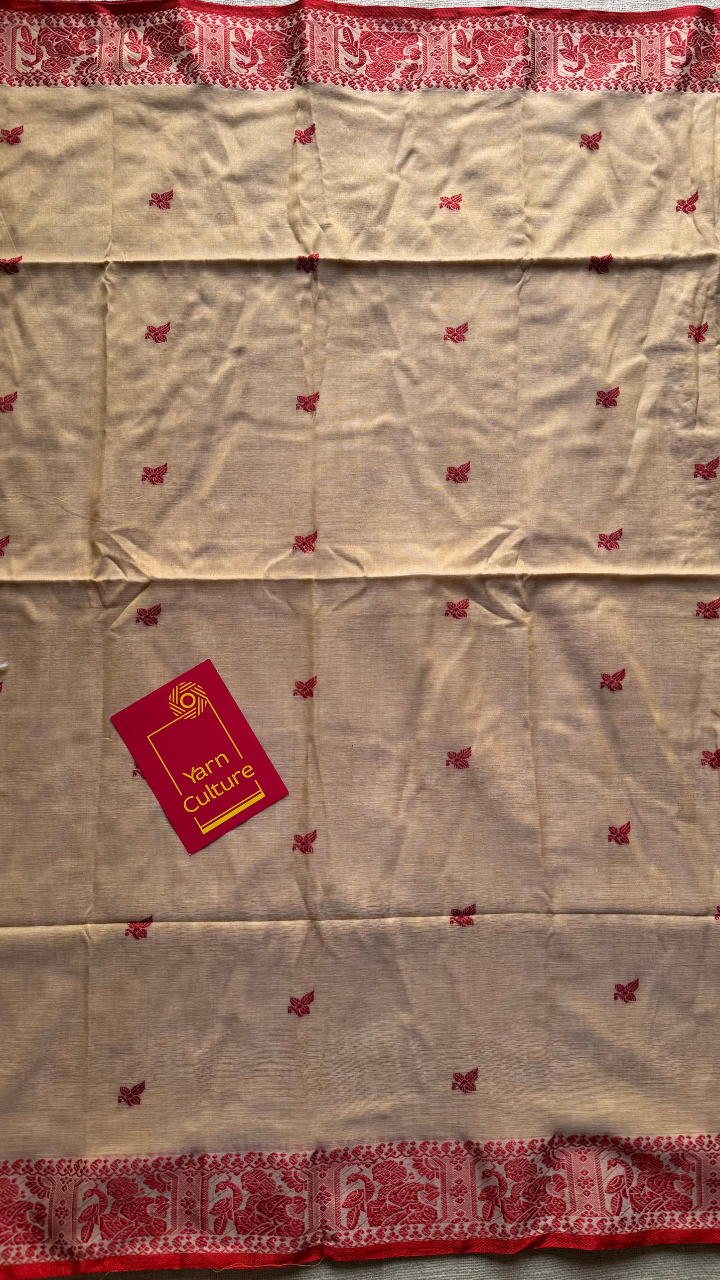 Cream with red, Baluchari-inspired soft cotton handwoven saree - YCHOTEBCJA228