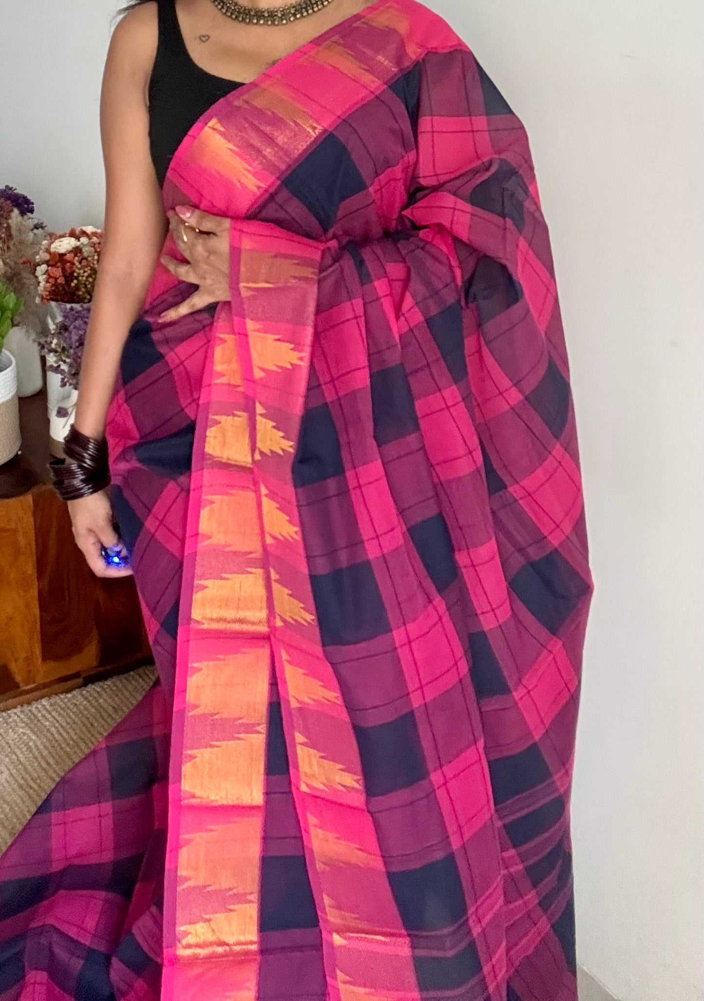 Chettinad cotton saree with pink and navy checks, temple motif border - YCCOTNAP58