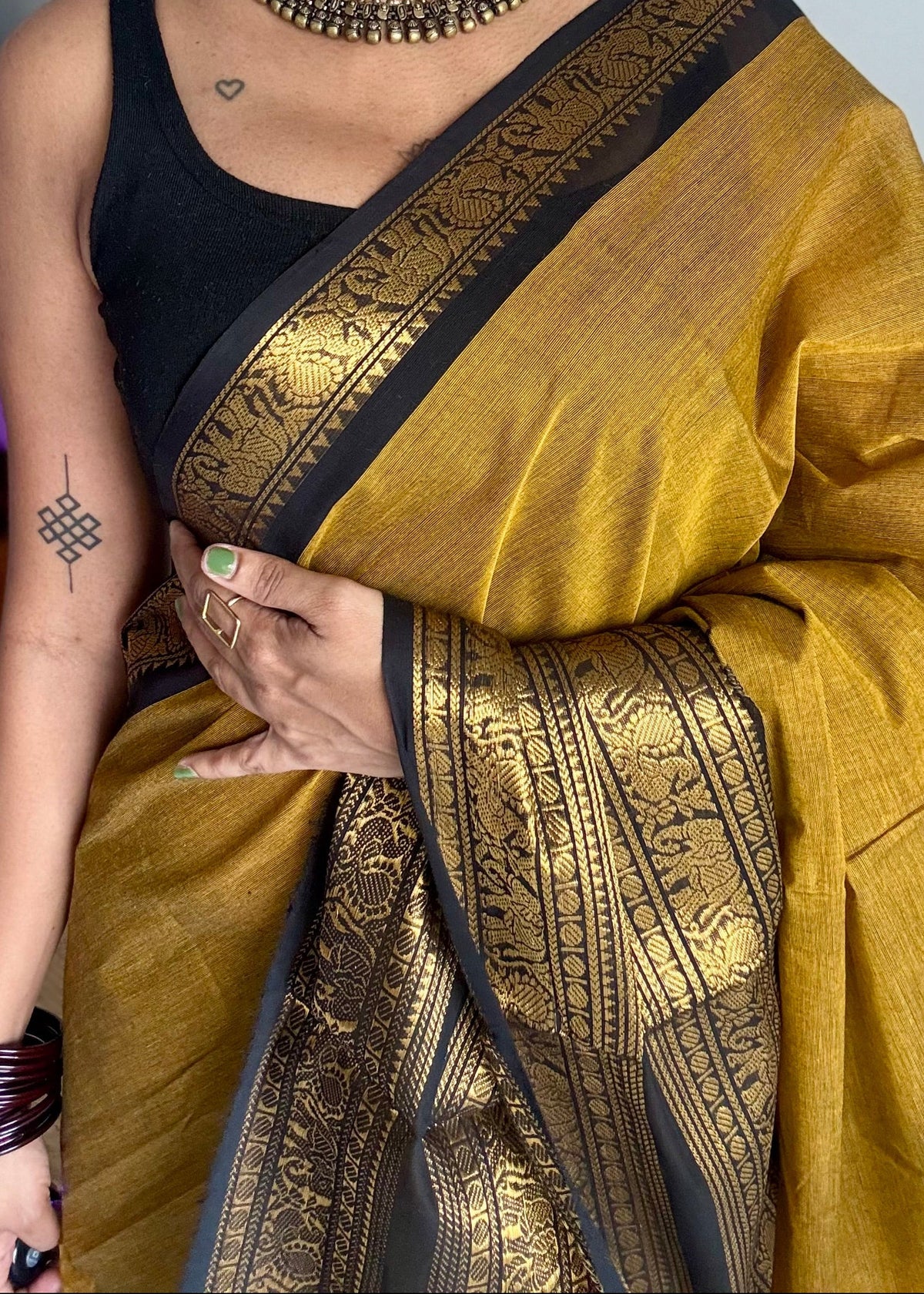 Ginger yellow with black long zari border, kanchi cotton saree - YCCOTNCCOC114