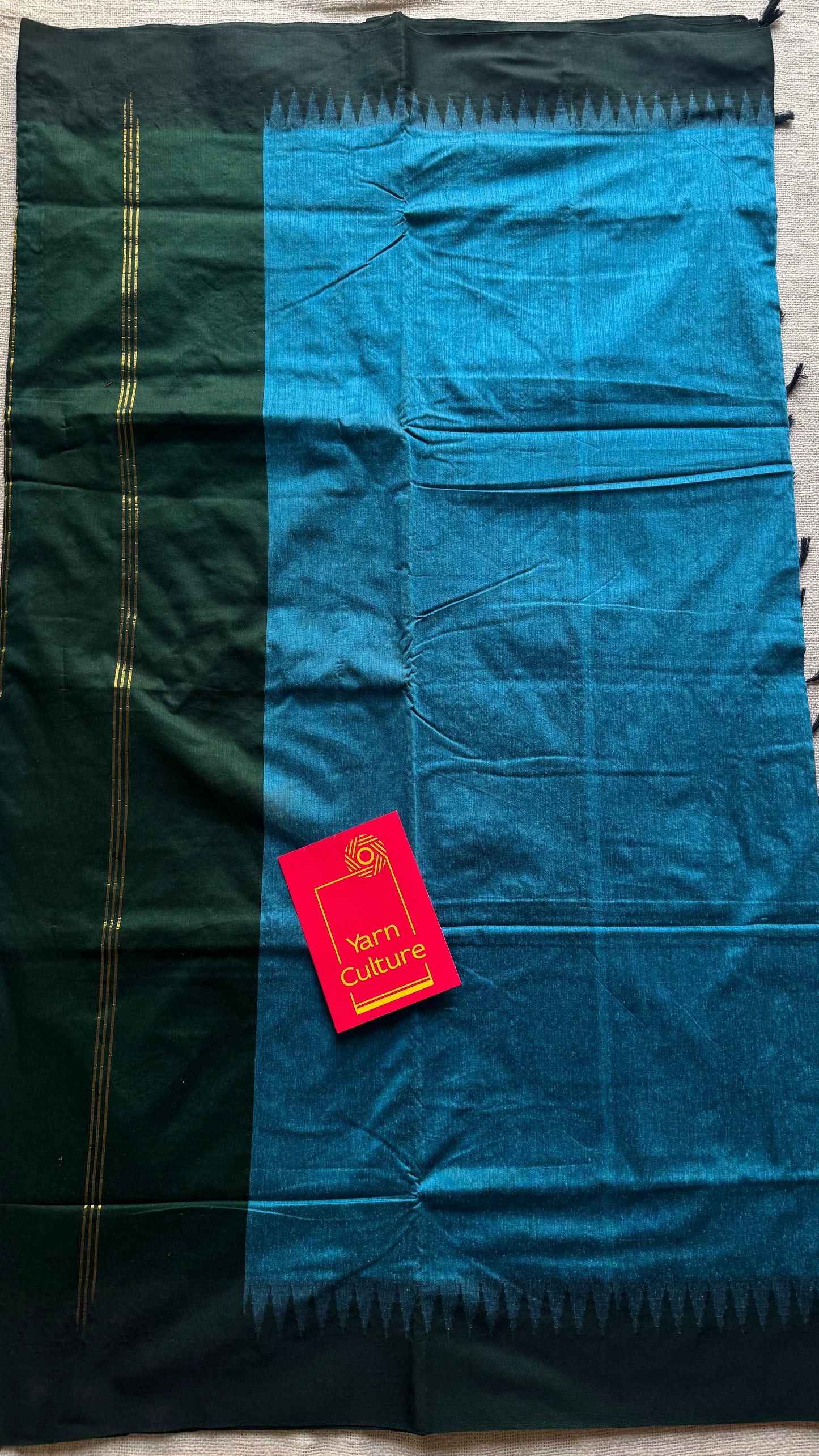 Blue with dark green contrast, temple border saree, cotton silk - YCCOTNTBFE63