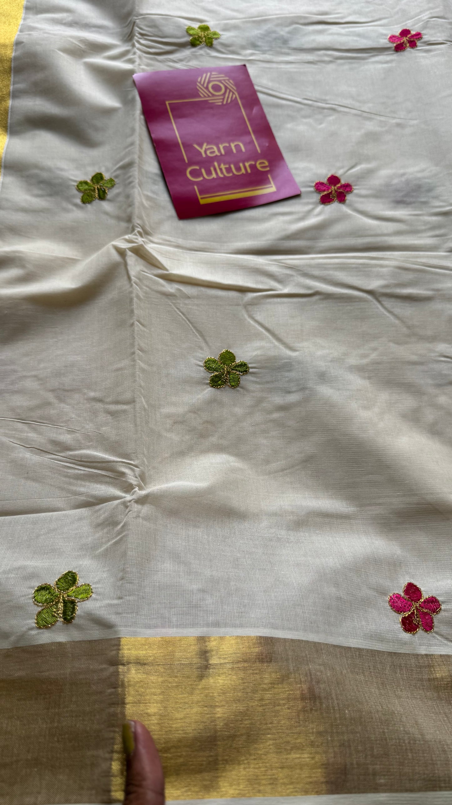 Ivory and gold saree with light green and hot pink floral embroidery - YCIEKCFE310