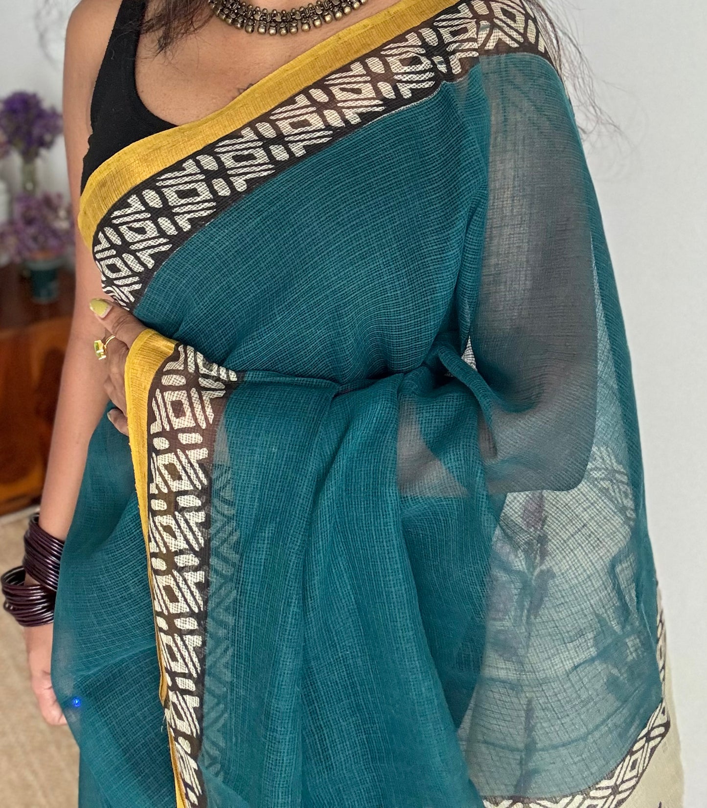 Teal Tadka - teal blue with yellow kota doria saree, with gold zari border - YCTORKDAP11