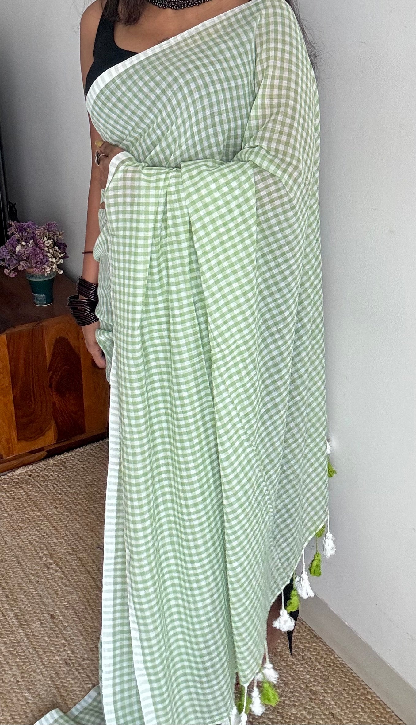 Light green and white checkered mul cotton saree  - YCBCMCCMA27