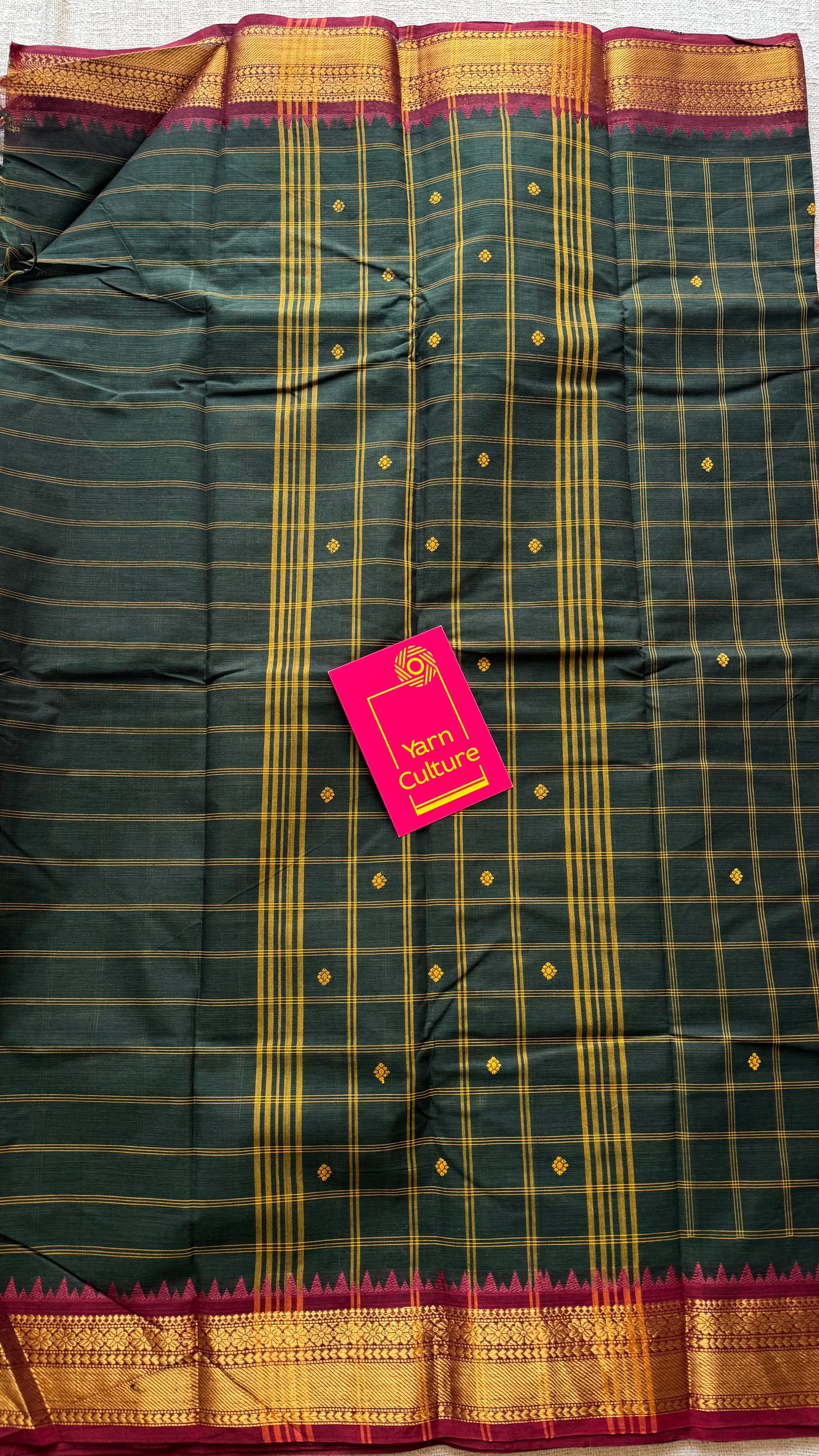 Dark green Kanchi cotton saree with striped checks, woven buttas and maroon zari border - YCCOTNCCFE159