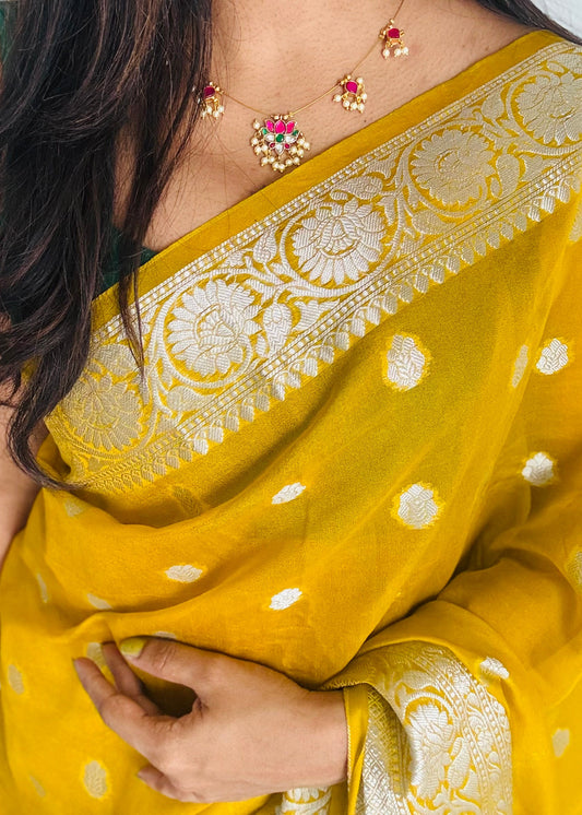 Invisible neckchain with jadau kundan stones & pearl hangings - ruby, green, white - YCGPNP689