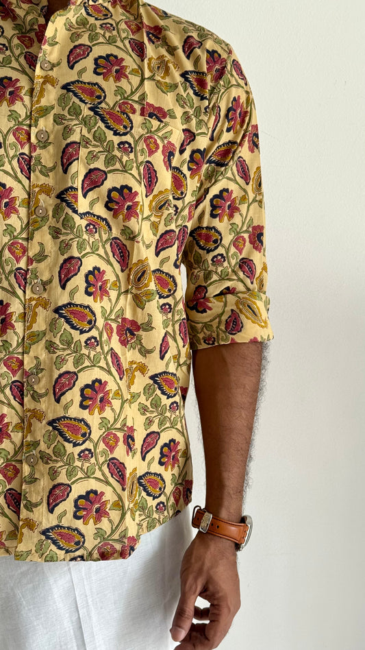 Light Cream Floral Block Printed Cotton Men's Mandarin Collar Kurta Shirt - YCMSEIE201