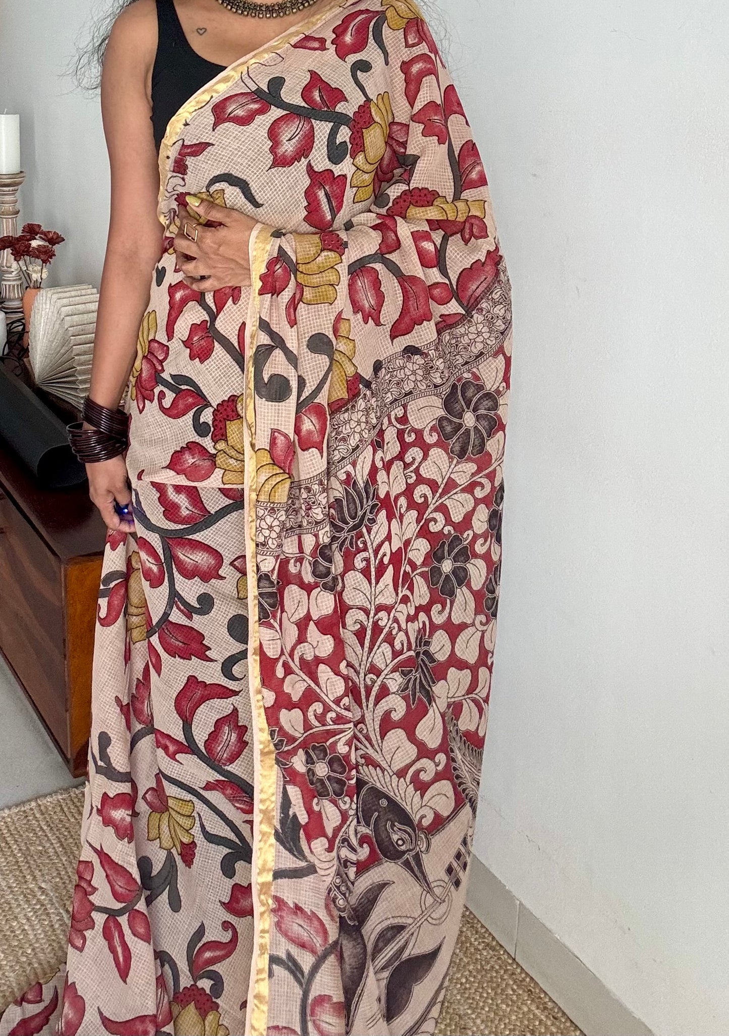 Cream multicoloured floral kalamkari saree in kota - YCWOTDMA357