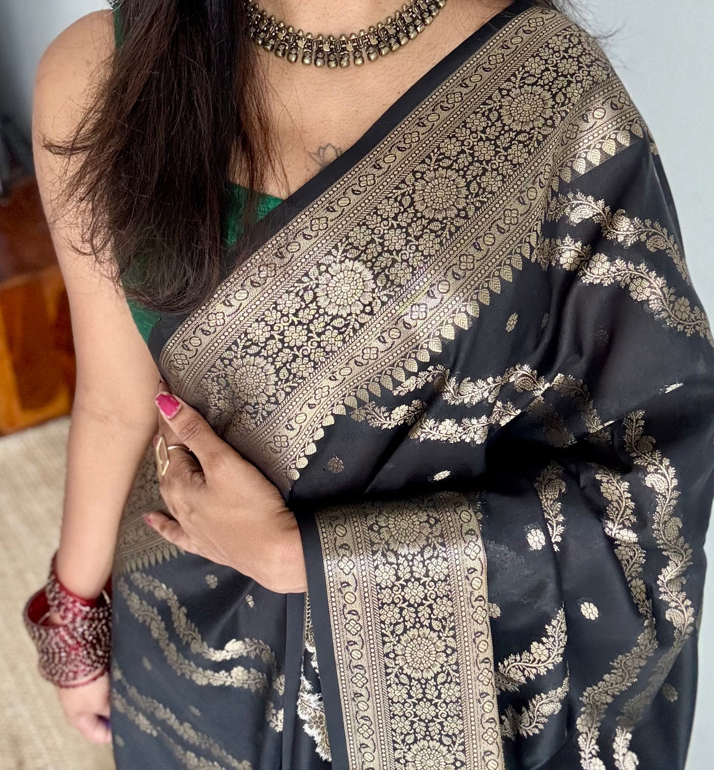 Black floral zari, Banarasi semi-georgette - YCDESE14