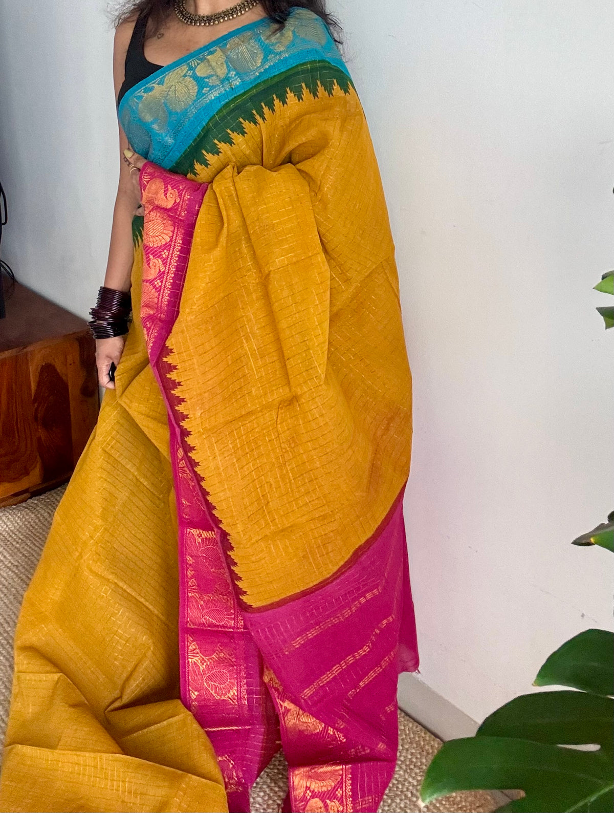 Sungudi cotton checks, mustard yellow base, blue and hot pink dual tone border, soft cotton - YCCOTNMSSE09