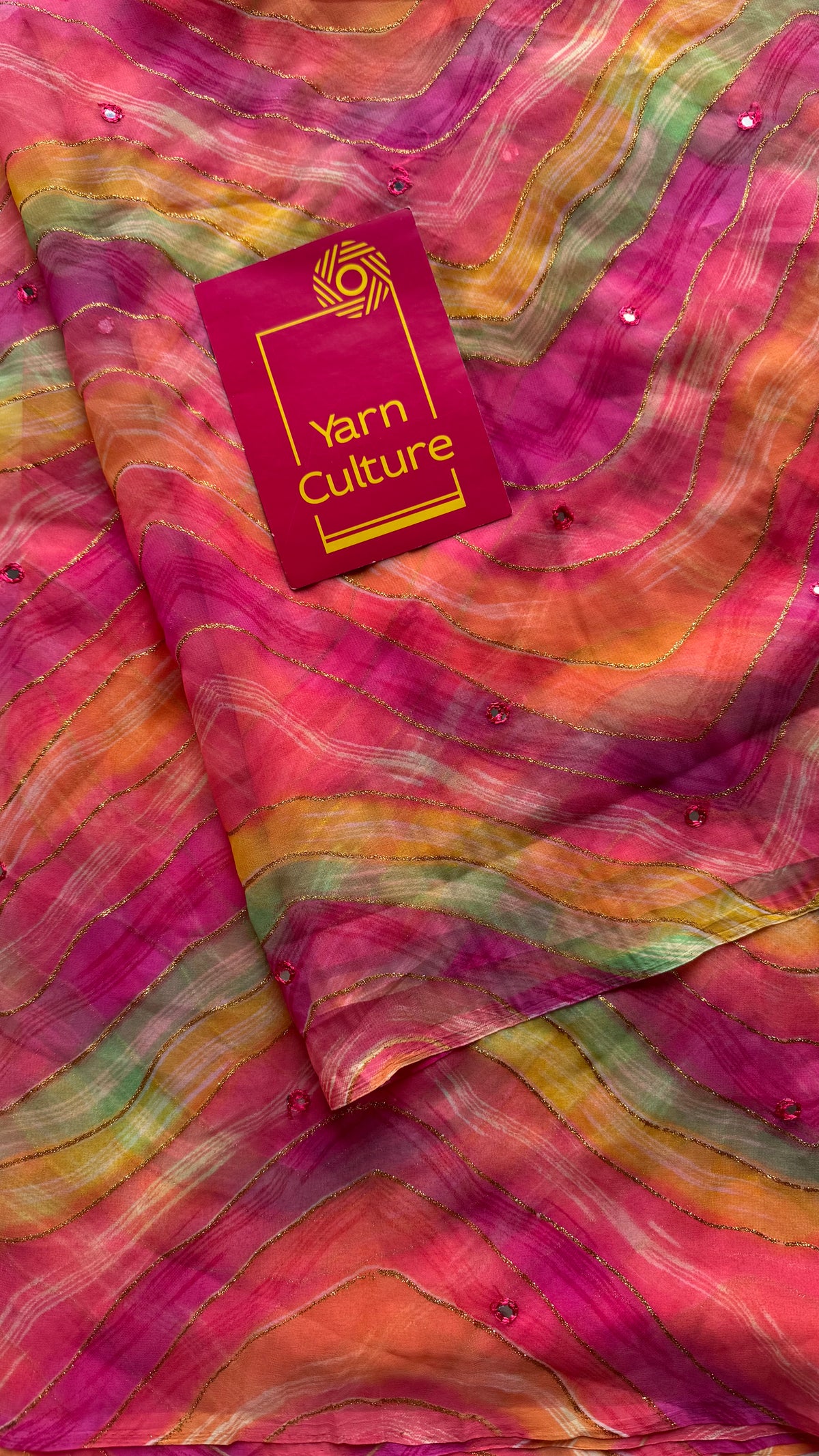 Pink multicoloured leheriya chiffon saree with mirror work  - YCTORLOC98