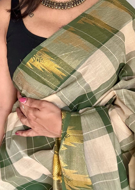 Chettinad cotton saree with cream and dark green checks, temple motif border - YCCOTNAP57