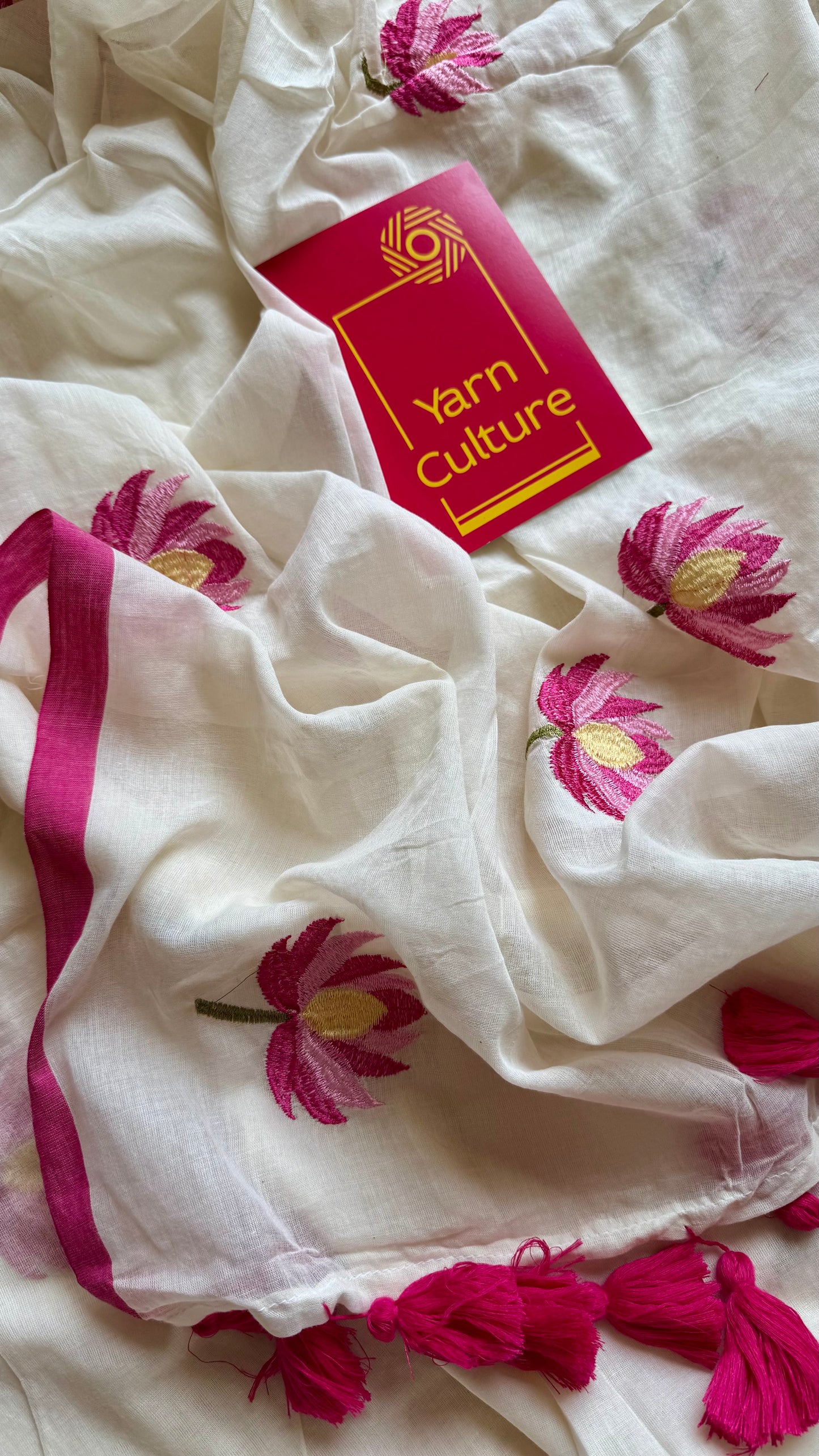 Ivory mul saree, with pink lotus embroidery - YCIEON03