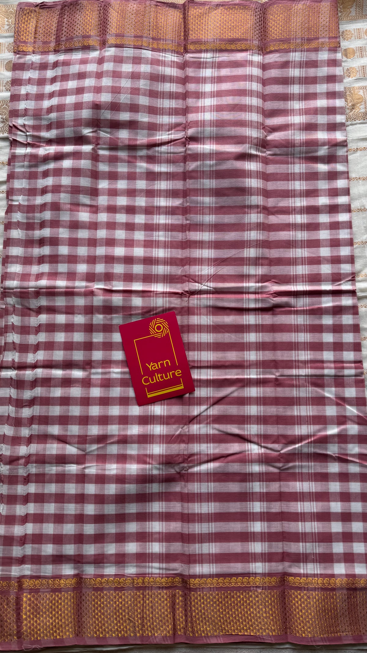 Chettinad cotton saree with mauve pink and white checks, zari motif border - YCCOTNCKSE46