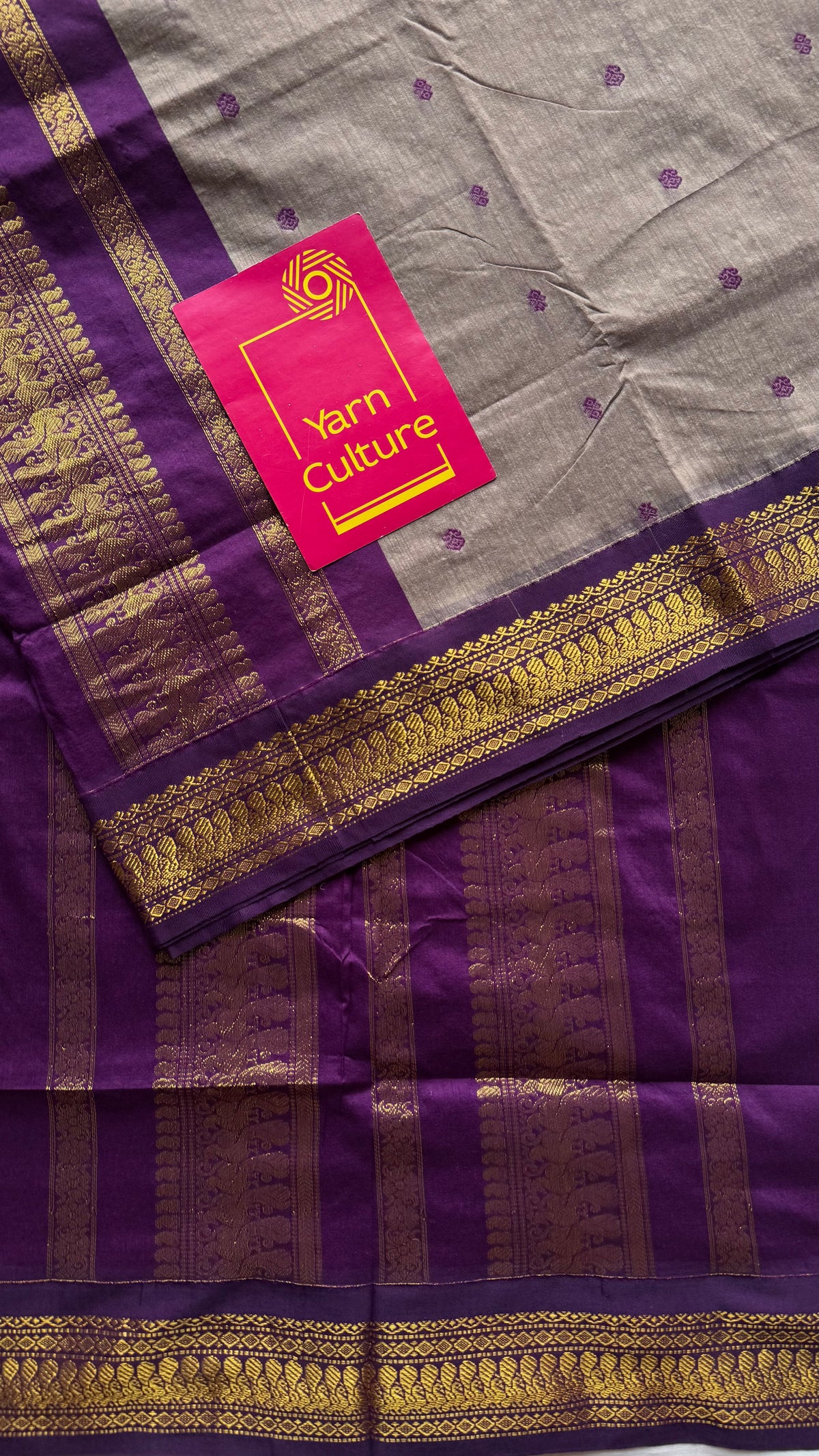 Warm grey with purple, cotton silk saree with zari border - YCCOTNKCOC107