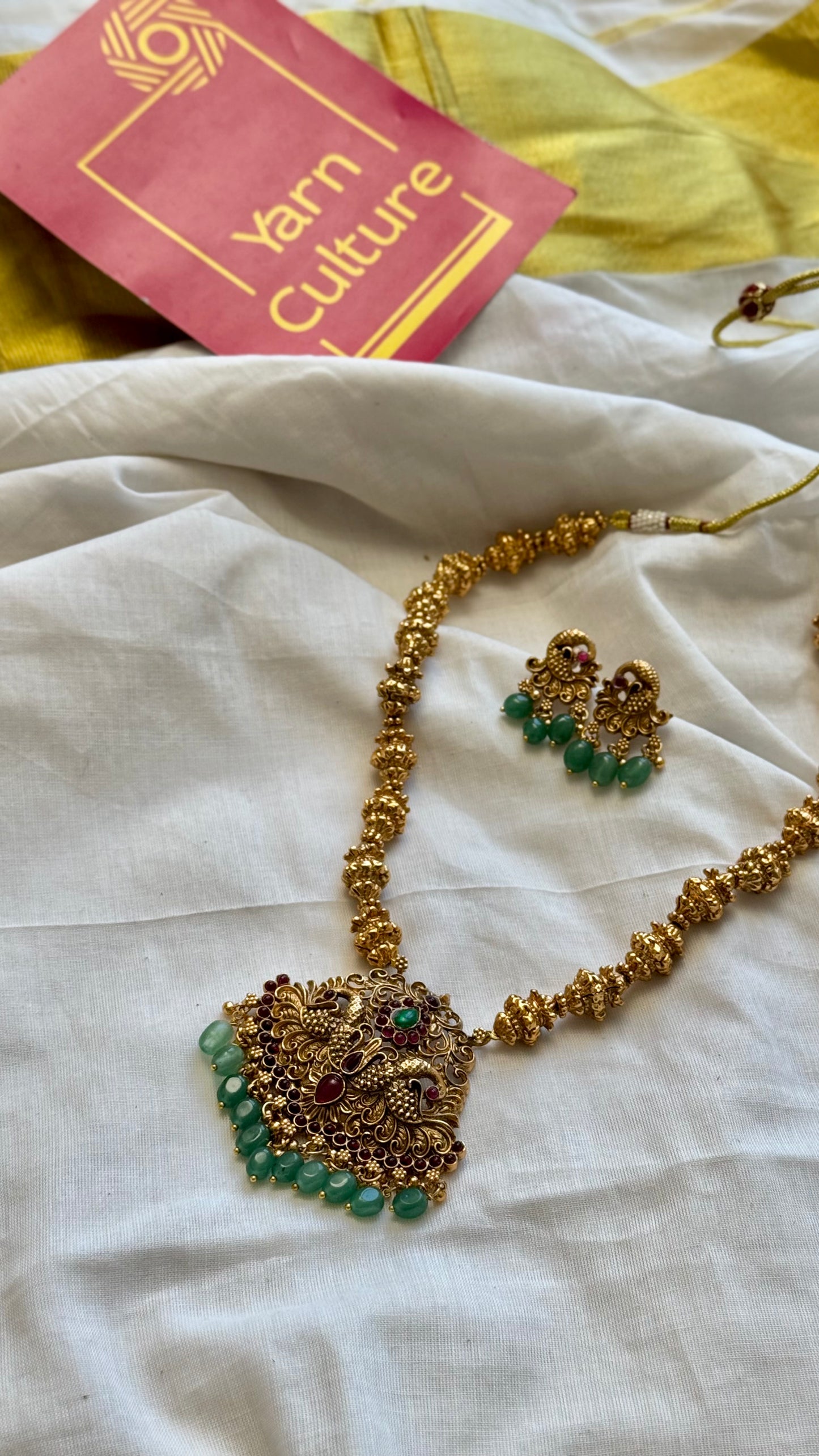 Ruby green peacock pendant neckpiece, with earrings - YCGPNP630