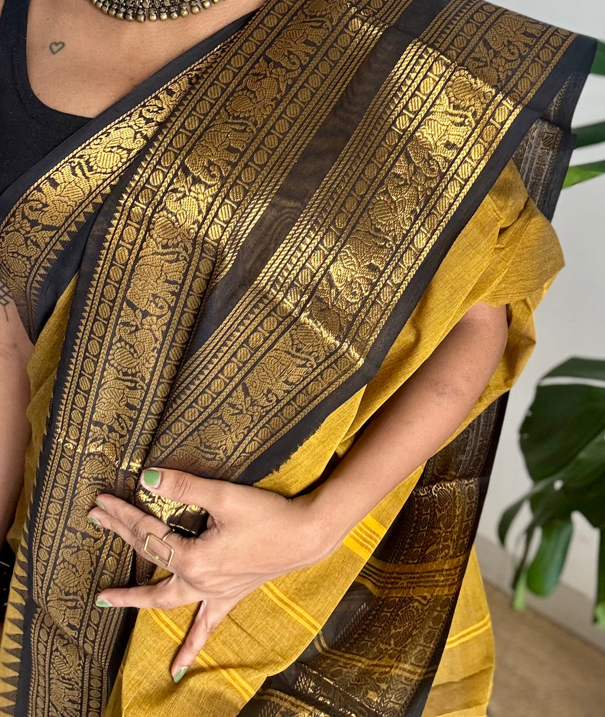 Ginger yellow with black long zari border, kanchi cotton saree - YCCOTNCCOC114