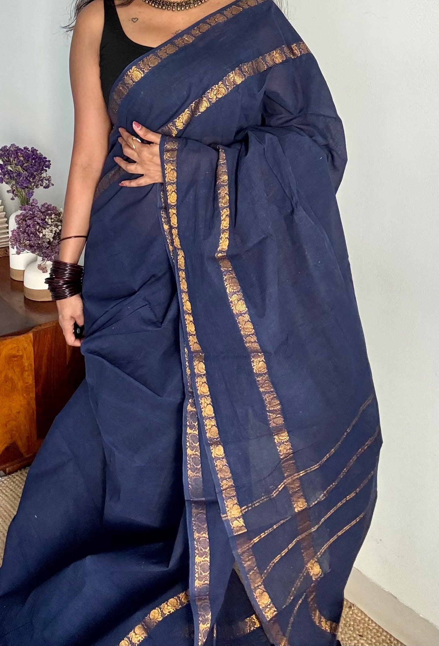 Dark blue rettaipettu peacock double bordered, kattuchayam dyed madurai cotton saree - YCCOTNMA277