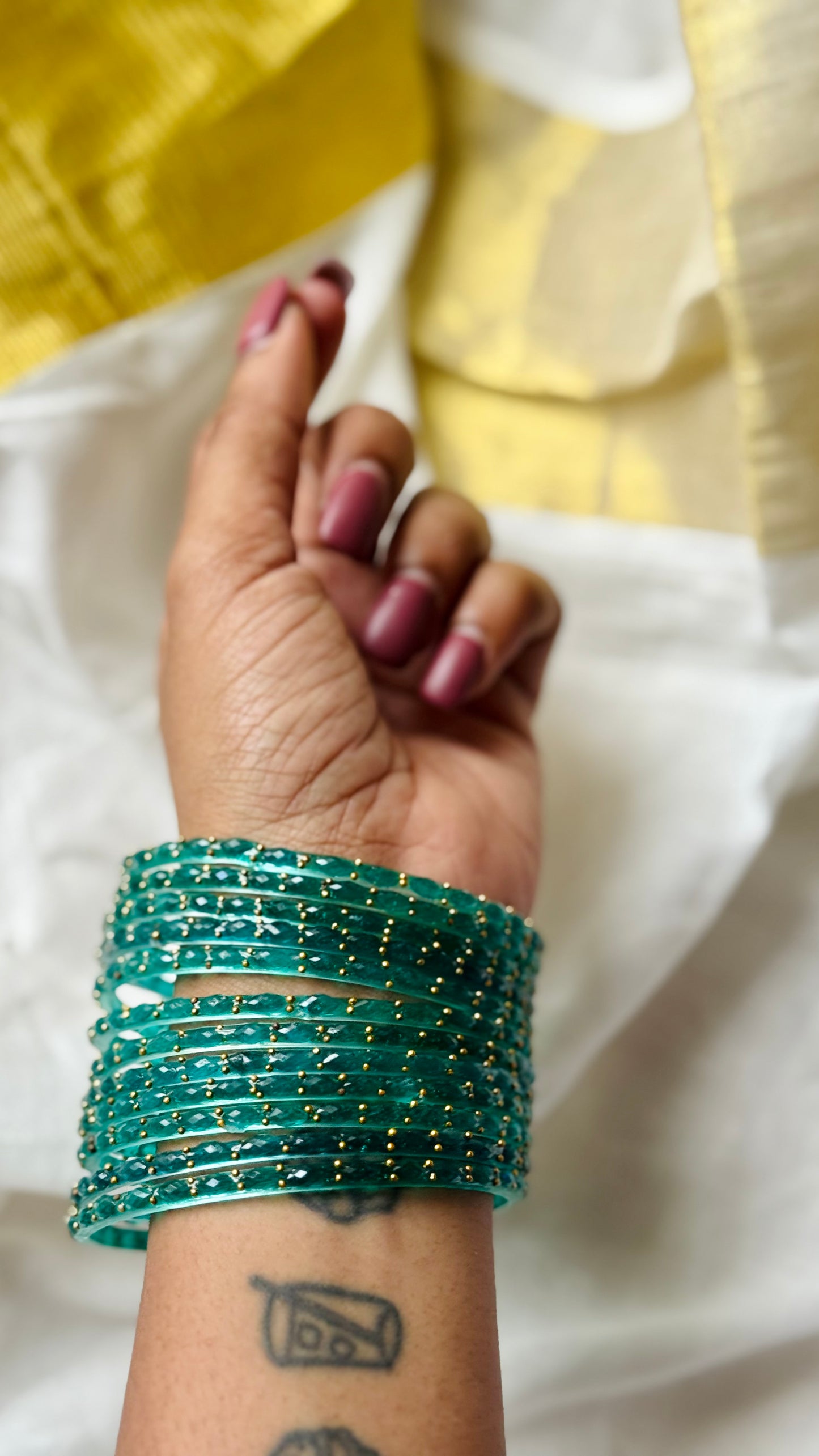 Turquoise green raindrop glass bangles, set of 12 - YCBANGL850