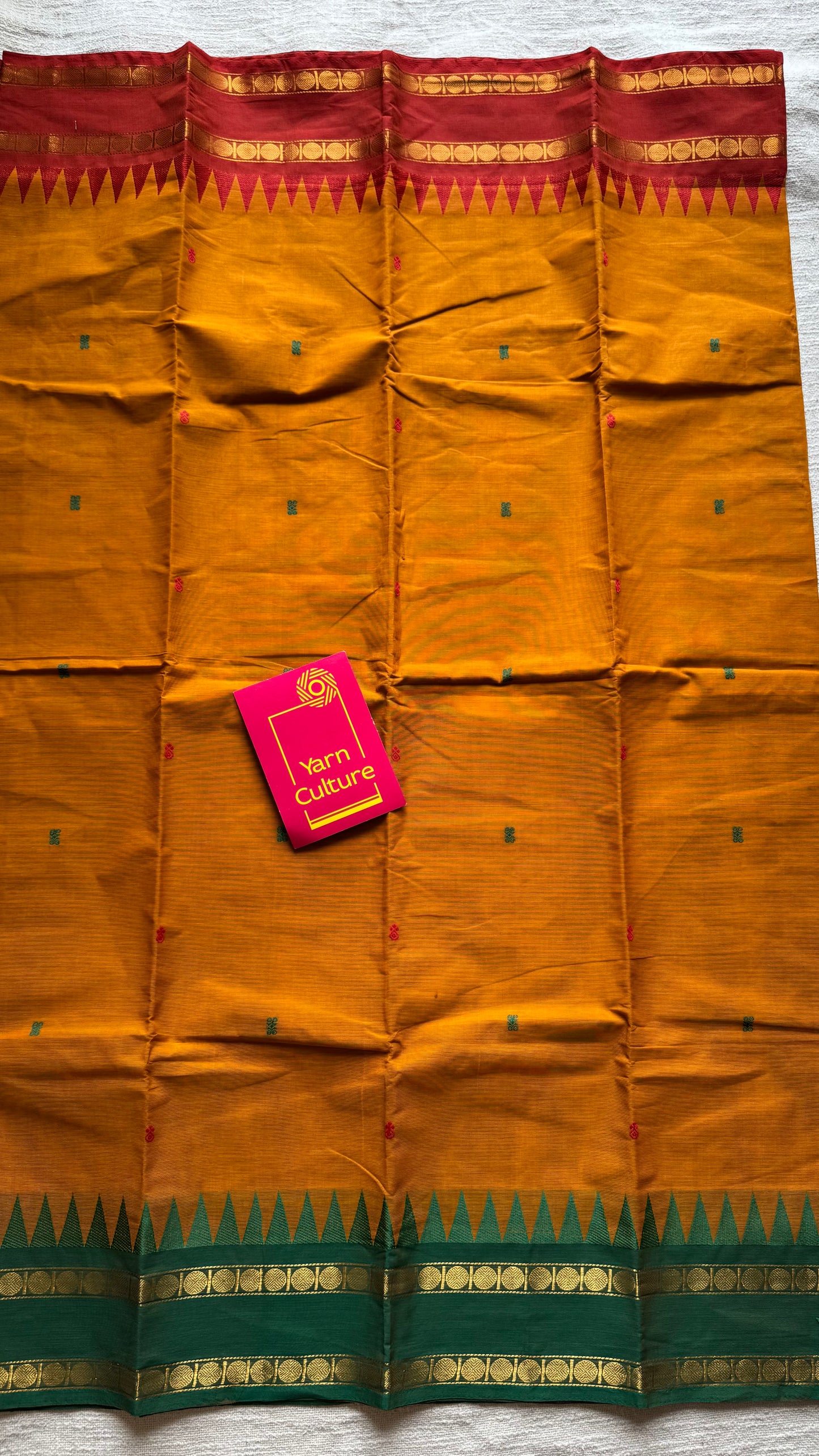 Kanchi cotton saree, orange with red and green dual border - YCCOTNAP100