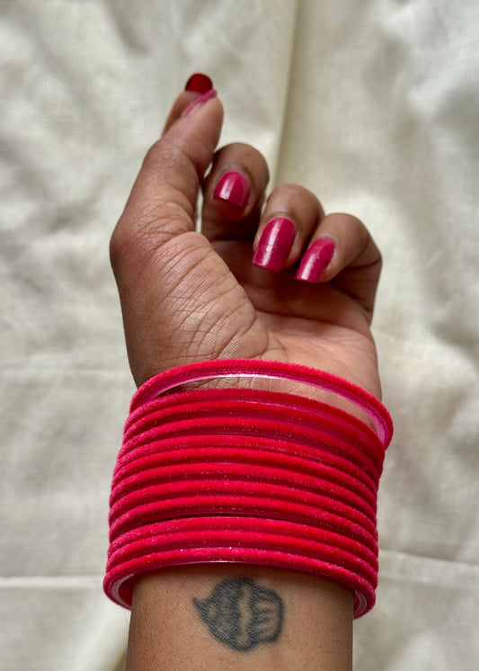 Neon pink velvet glass bangles, set of 12 - YCBANGL377