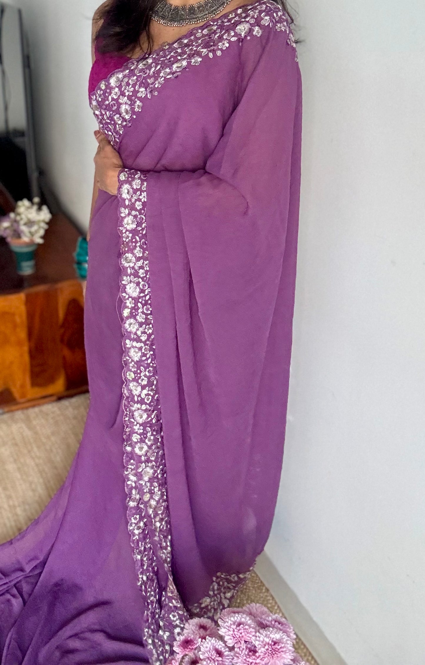 Purple Garden - dark purple with floral sequins embroidered borders, semi-crepe- YCDOSNO47