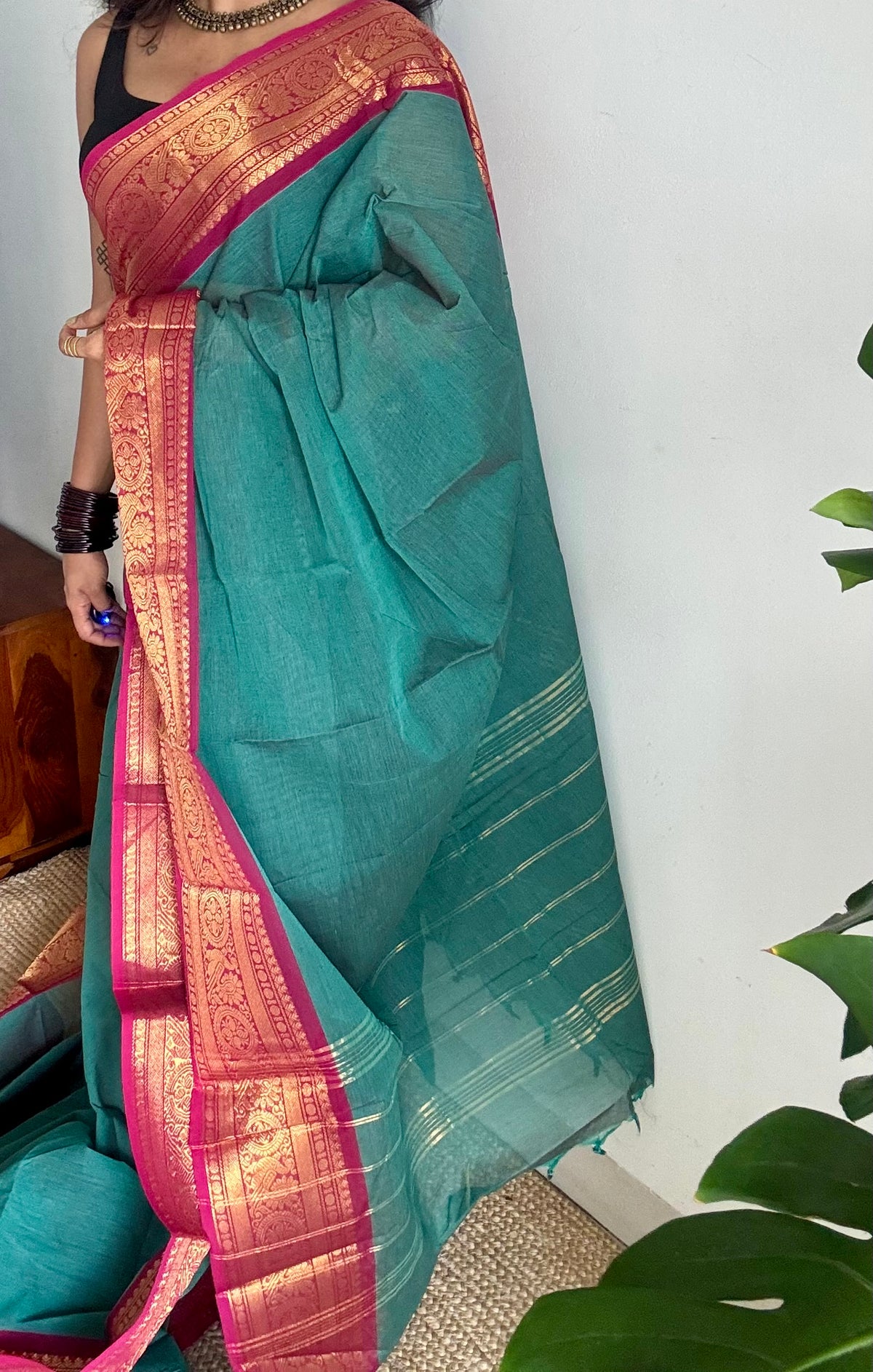 Jade green with ruby pink zari border chettinad cotton saree - YCCOTNCKSE14