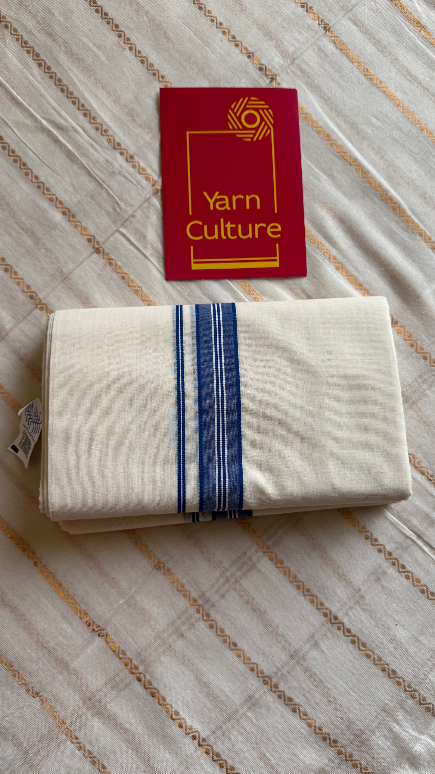 Ivory Chendamangalam Handloom Double Mundu with Blue Kara | Soft Cotton Men's Dhoti - YCMSEIE172