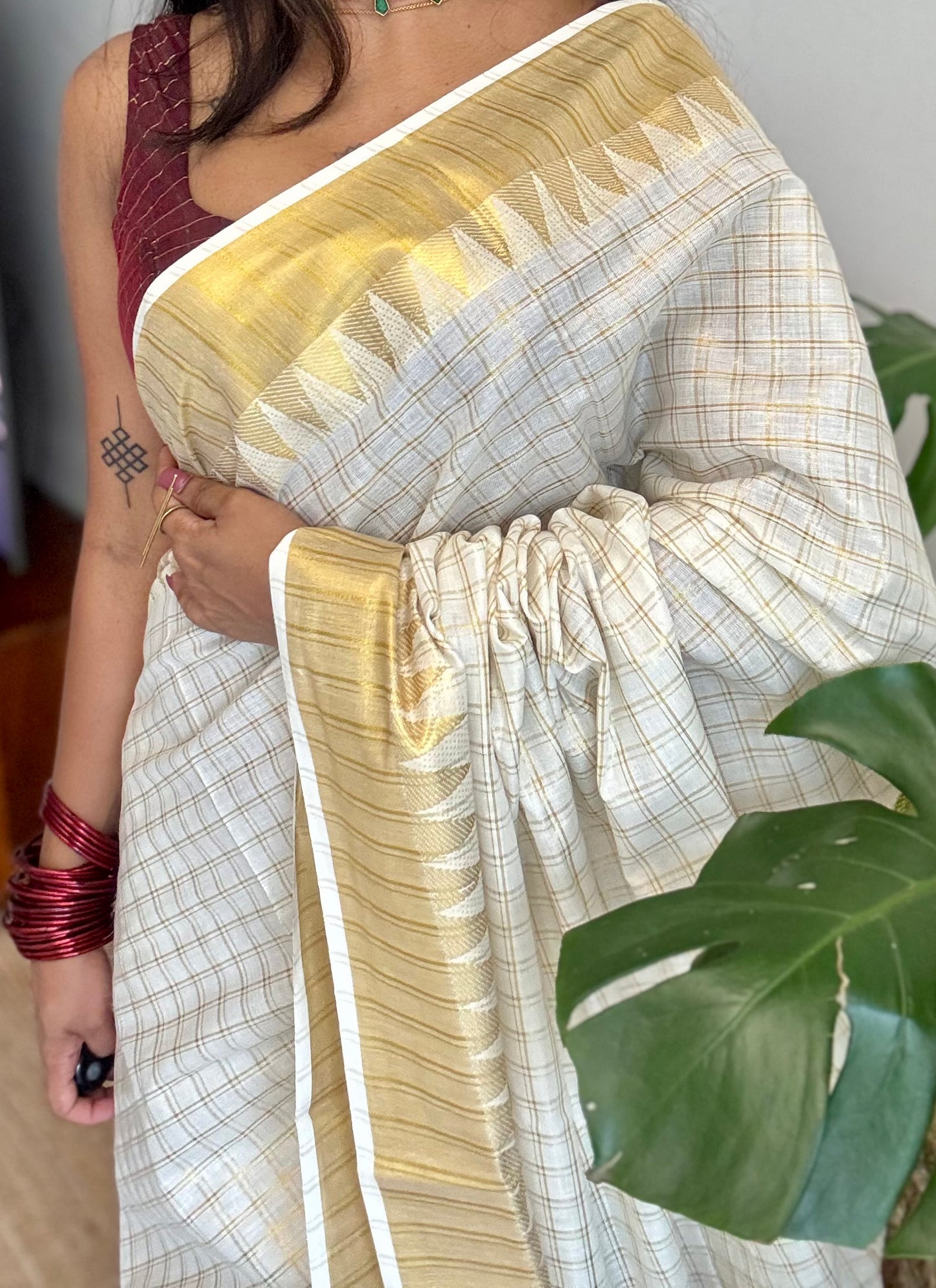 Ivory and gold kerala kasavu saree, checkered, temple border - YCIEON46