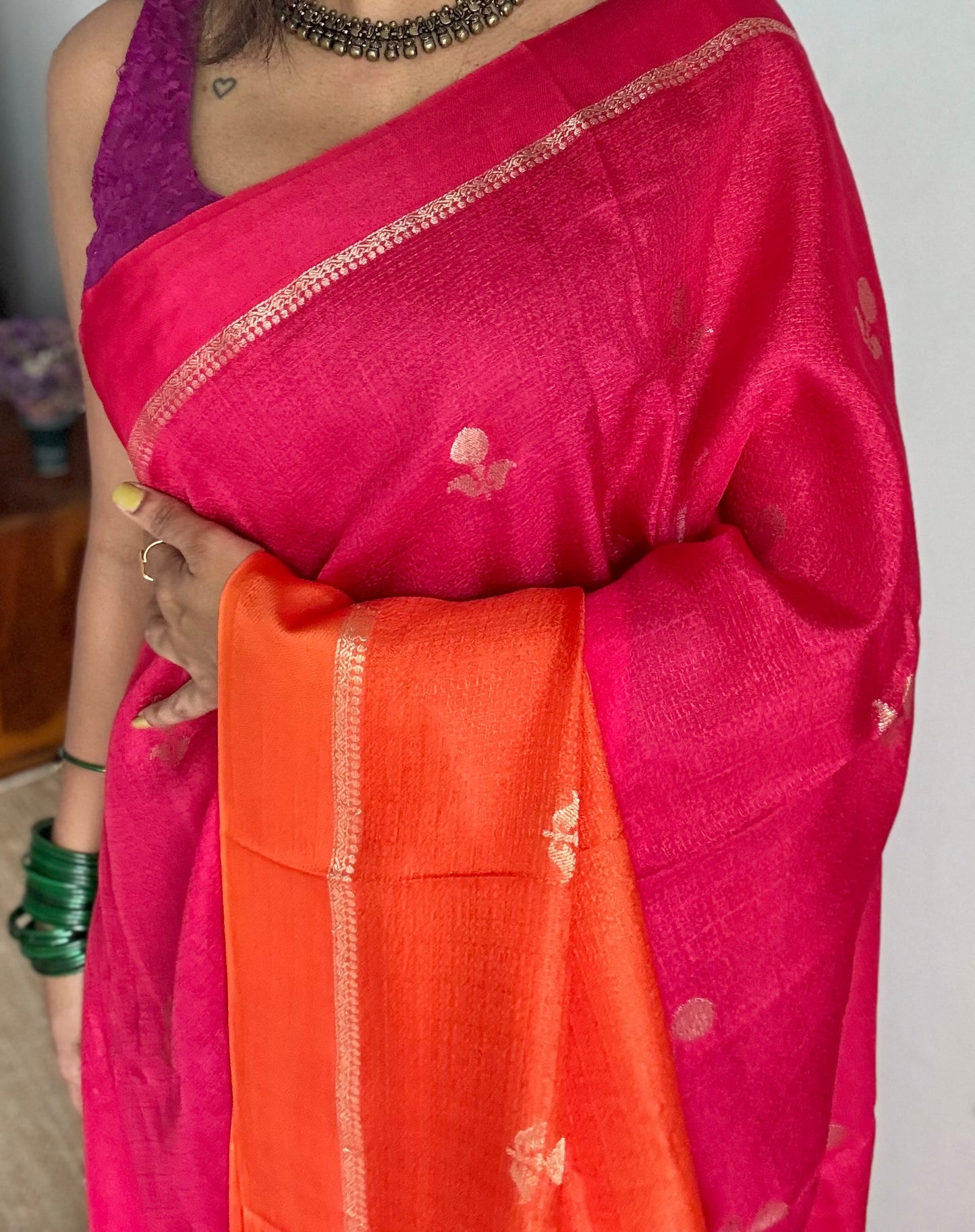 Magenta orange dual tone in viscose soft silk with satin border, jacquard zari motifs - YCDOSFE193