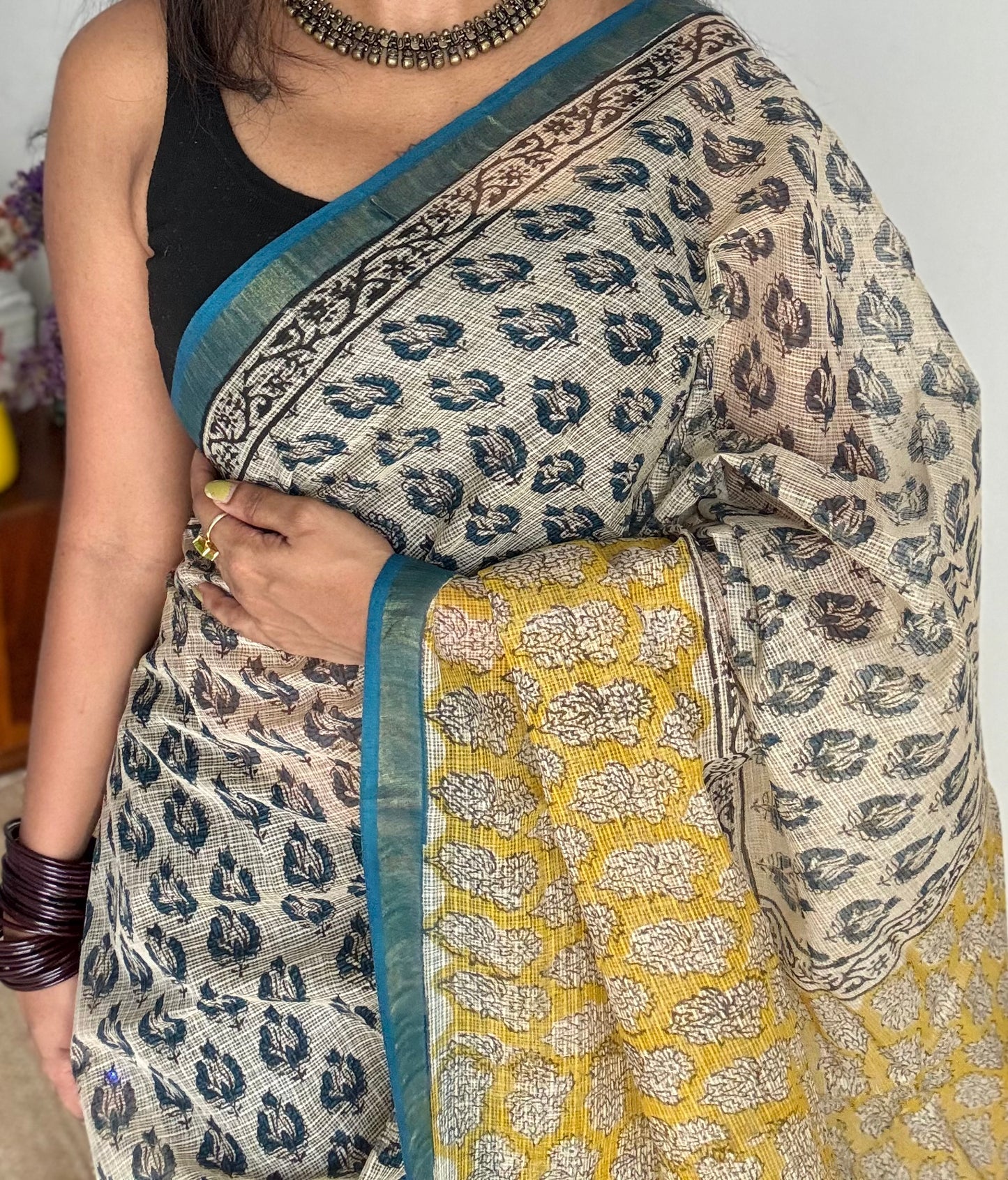 Pina Colada - Ivory with yellow kota doria saree, with gold zari border - YCTORKDAP12