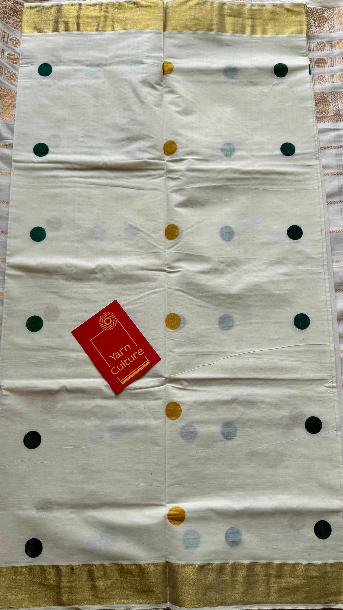 Ivory and gold soft cotton kasavu saree, dark green and yellow polka - YCIEON71