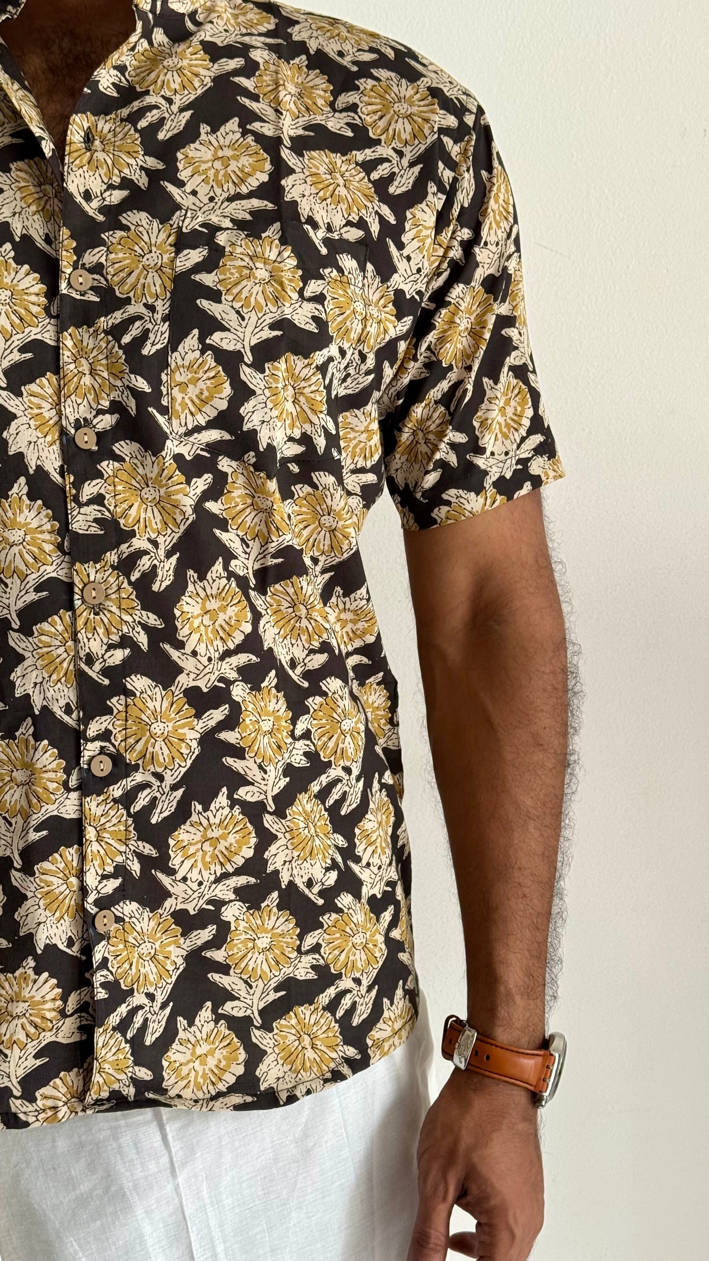 Black & Yellow Floral Block Printed Cotton Men's Half Sleeve Mandarin Collar Kurta Shirt - YCMSEIE190