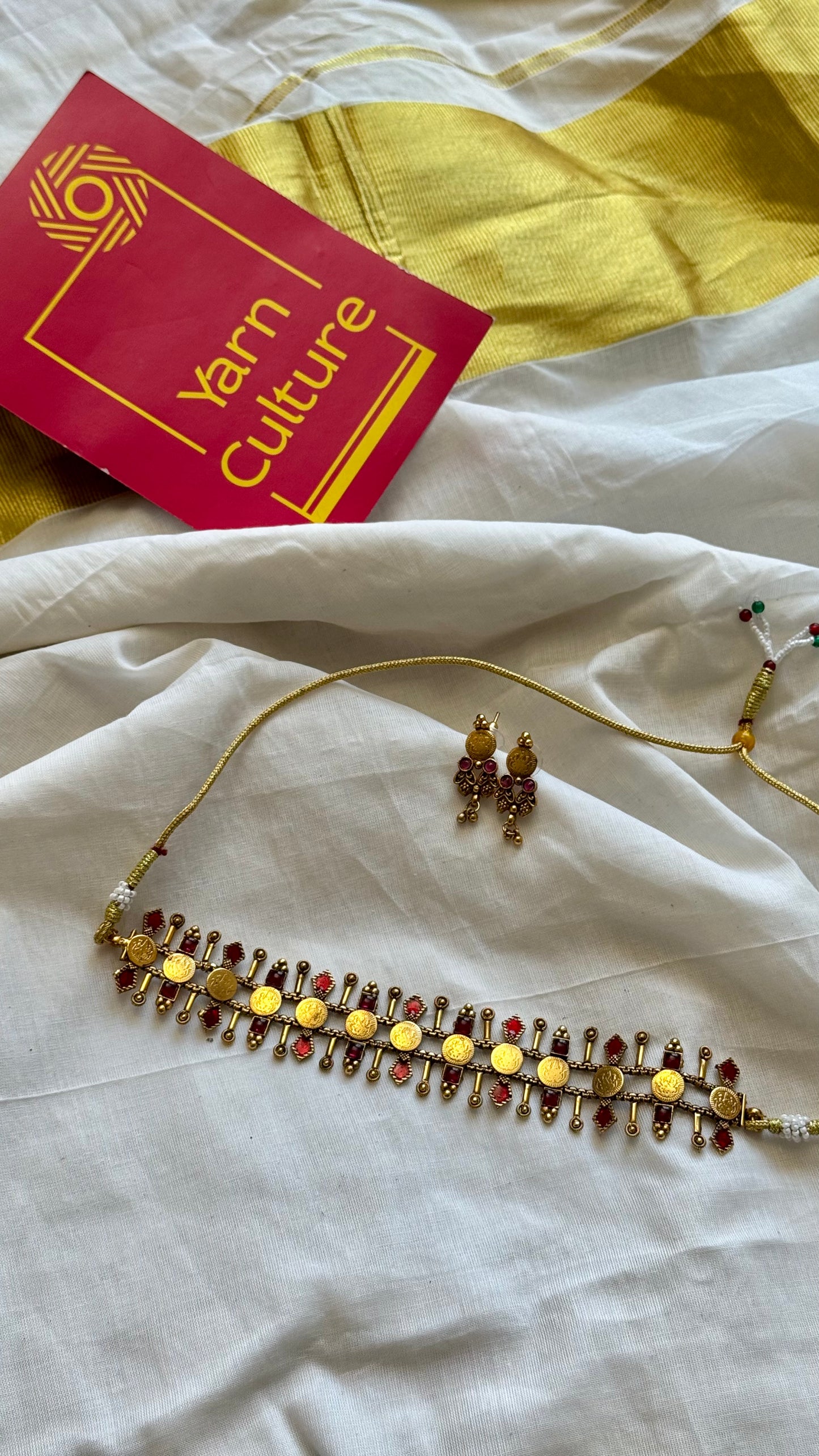 Coin and red stone neckpiece with earrings - YCGPNP636