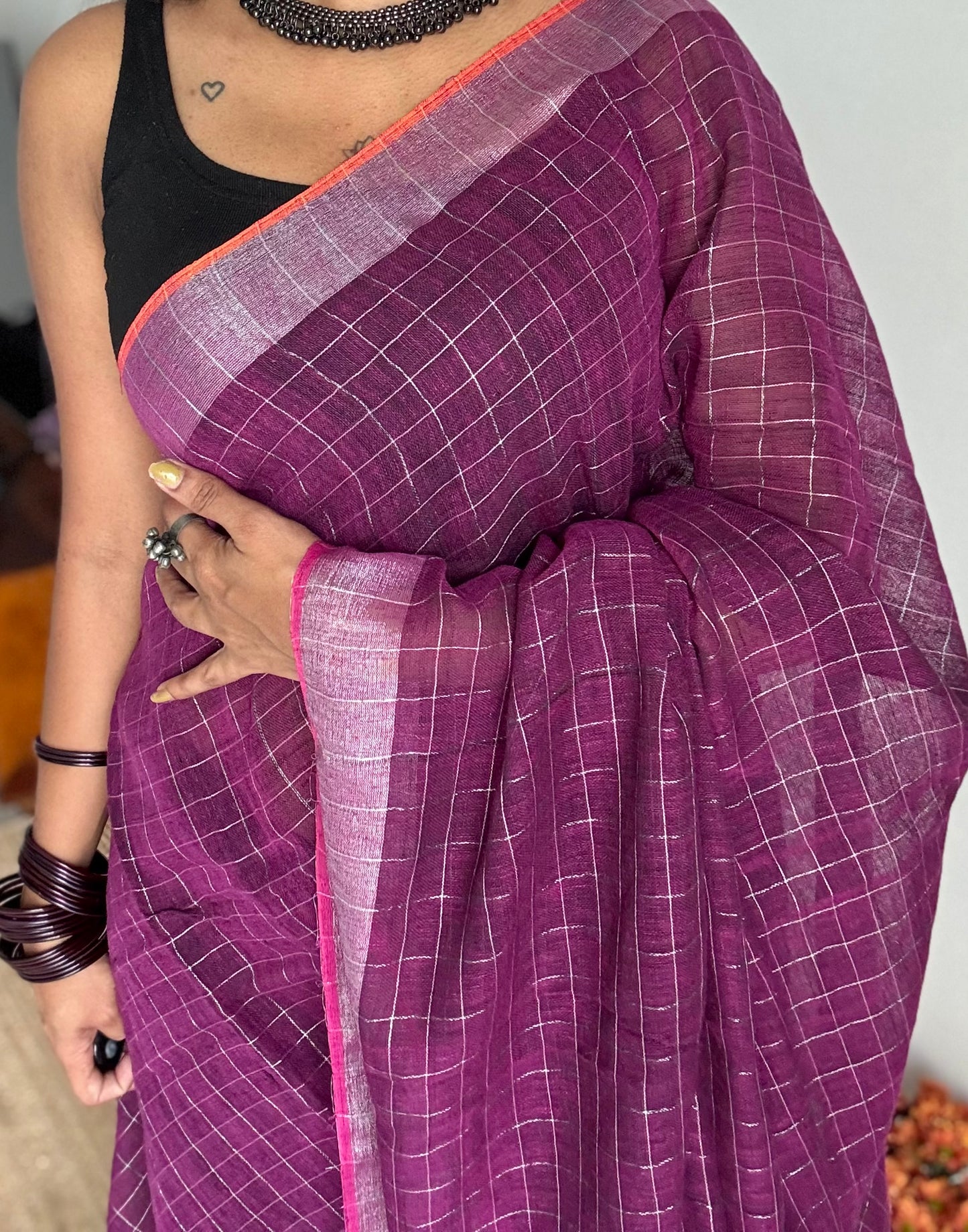 Wine linen by cotton saree, silver checks & zari pallu - YCBCLCFE391