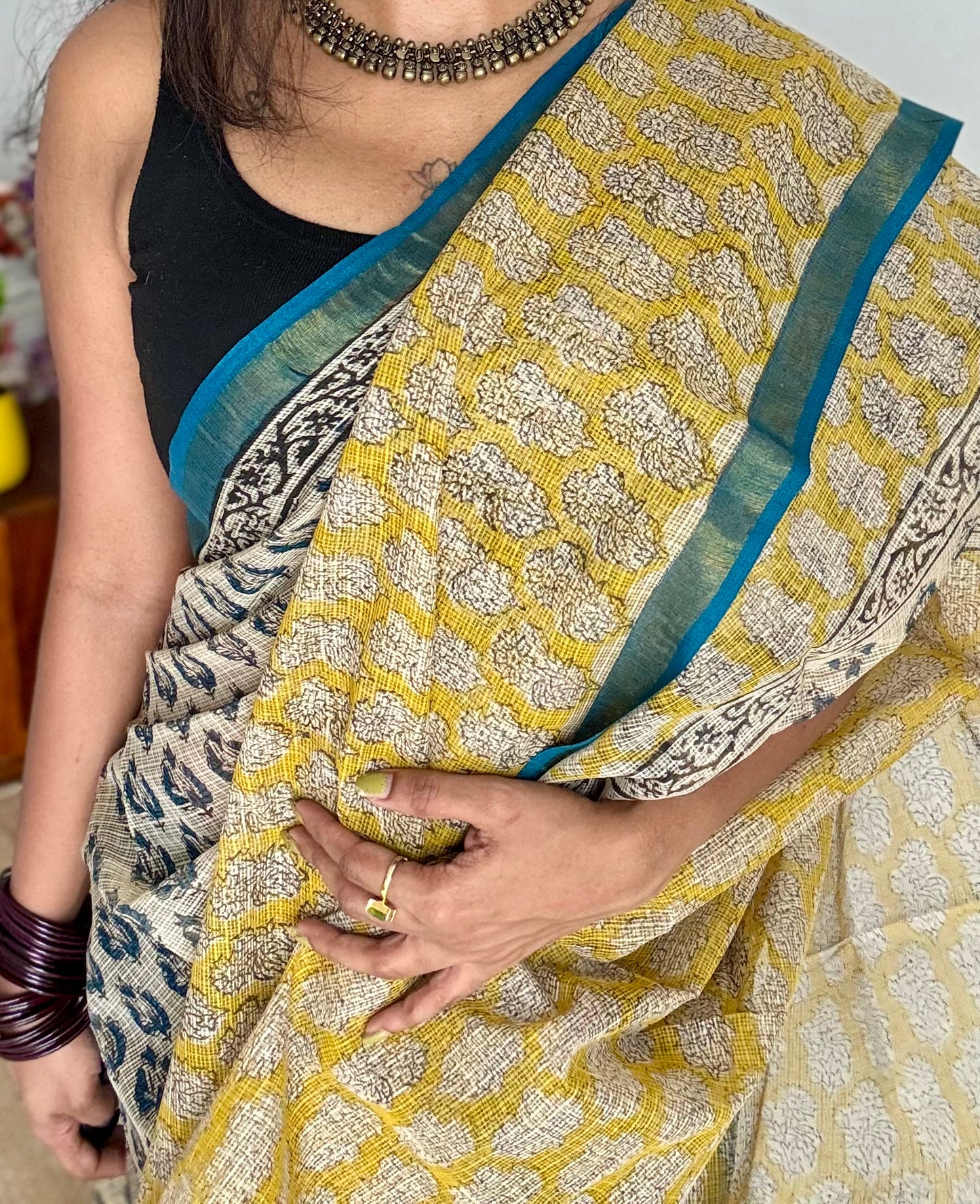 Pina Colada - Ivory with yellow kota doria saree, with gold zari border - YCTORKDAP12