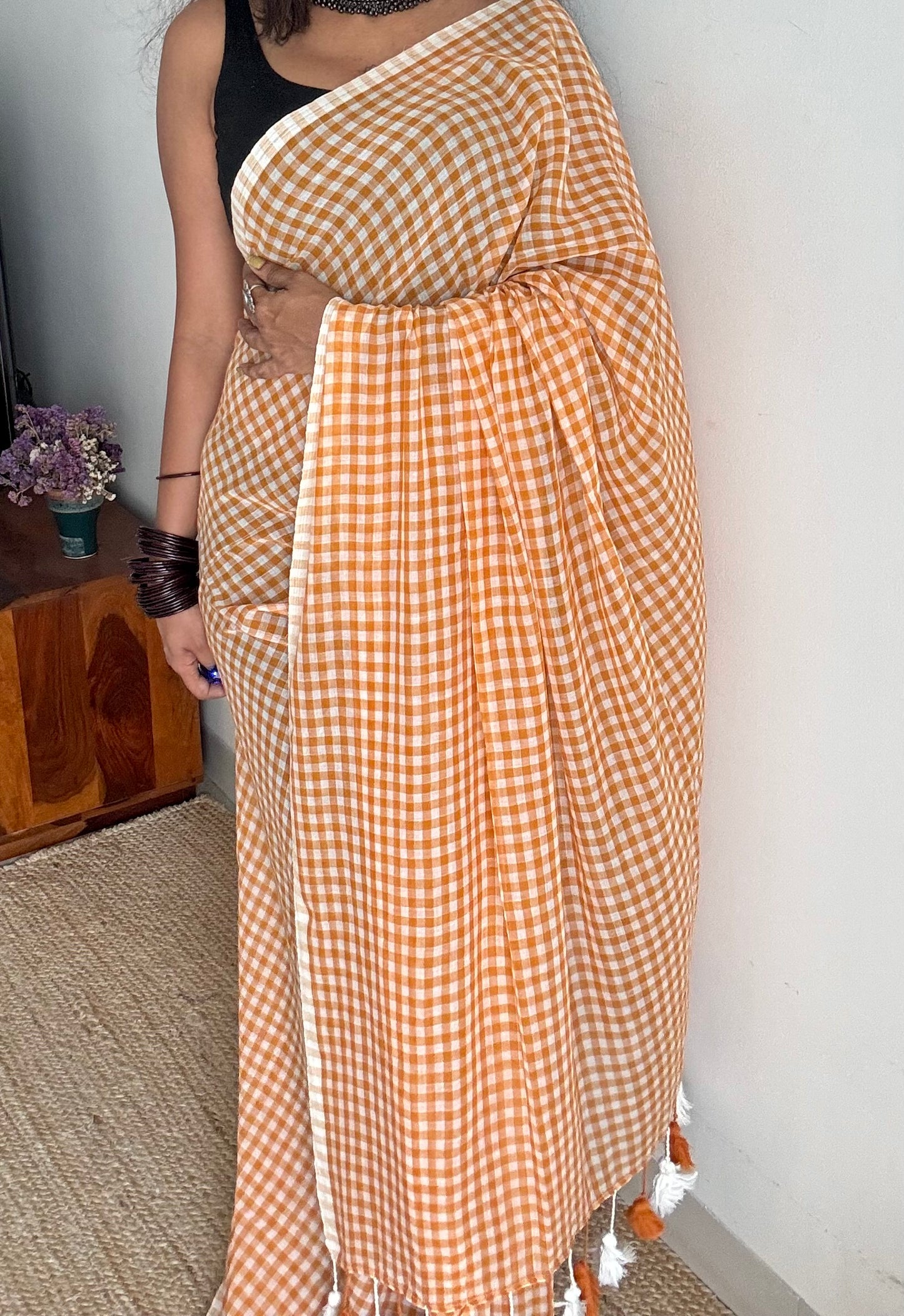 Light orange and white checkered mul cotton saree  - YCBCMCCMA26