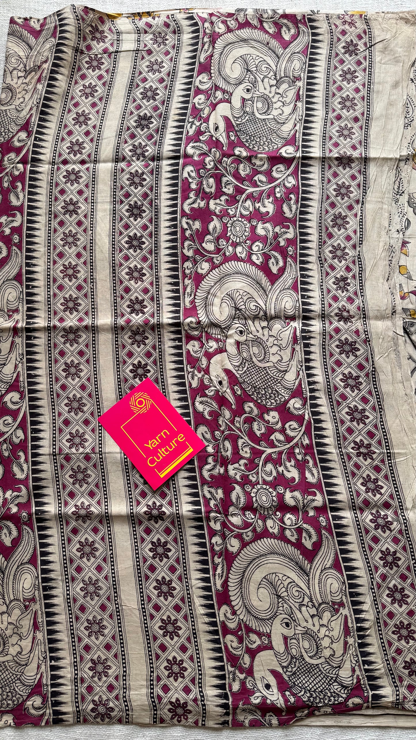 Beige with dark pink and yellow pichwai motif kalamkari, soft cotton - YCWOTDOCMP88