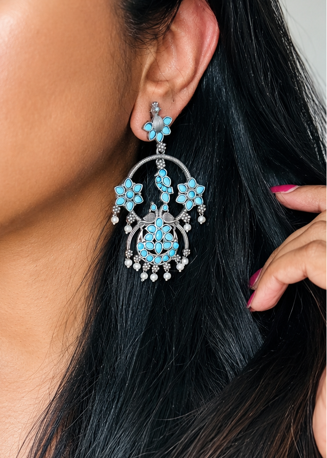 Peacock dangler earring with aqua stones - YCOSED594