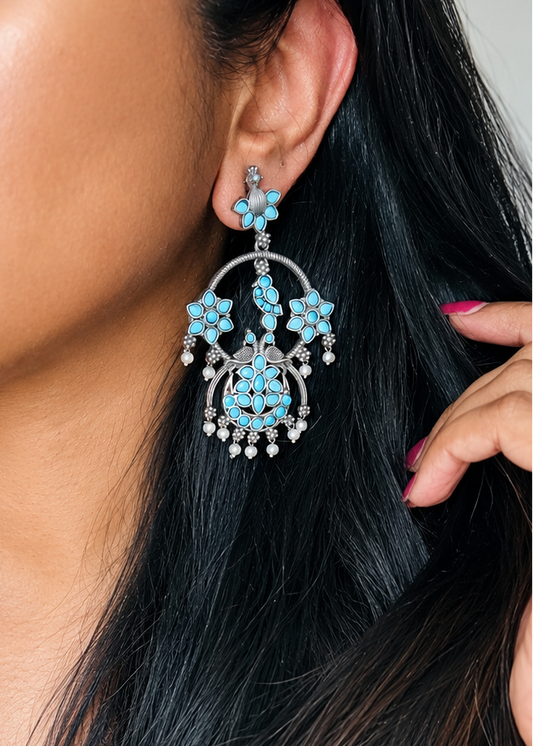 Peacock dangler earring with aqua stones - YCOSED594